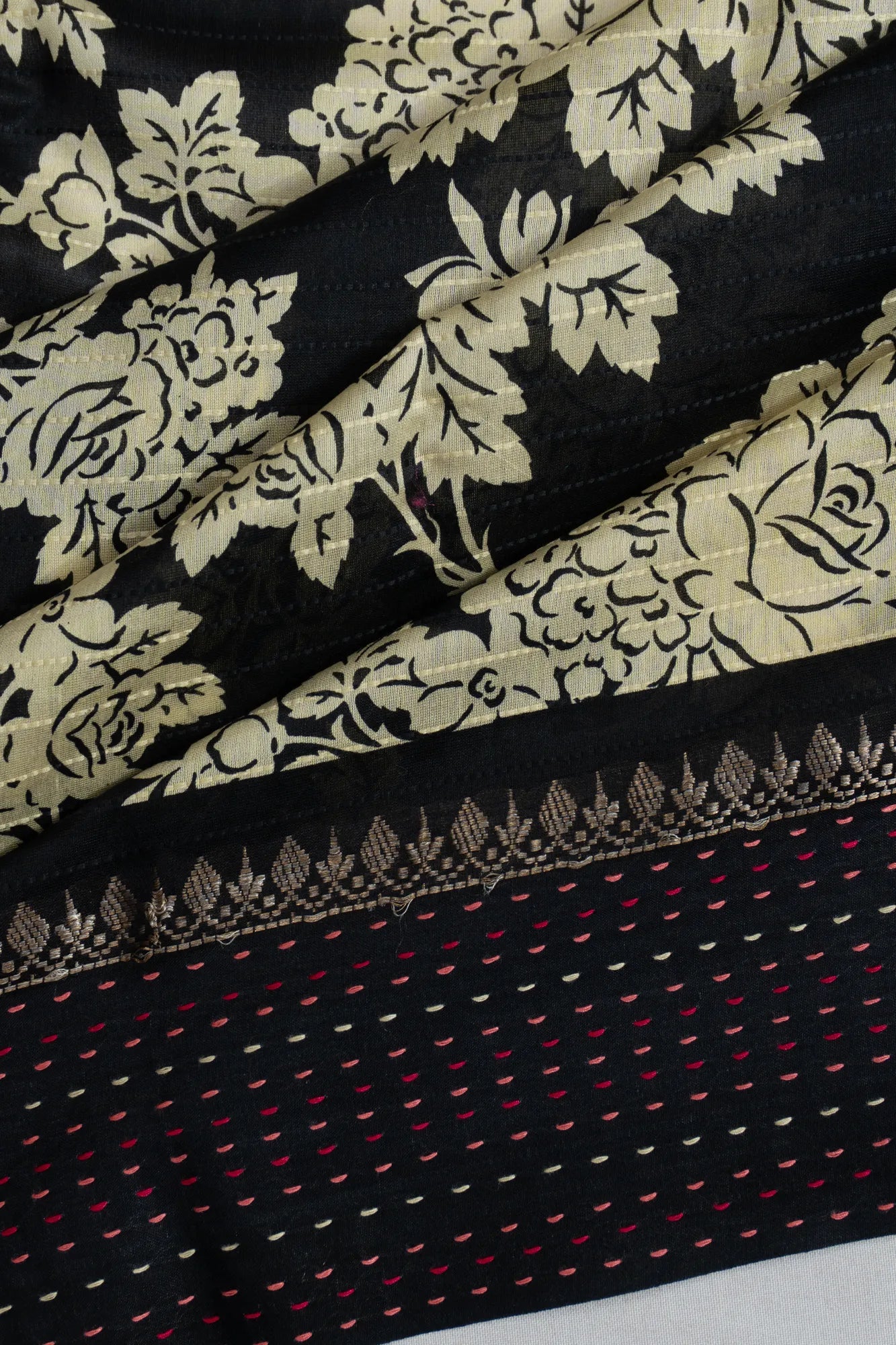 Chanderi Silk Floral Printed Black Saree With Kantha Work
