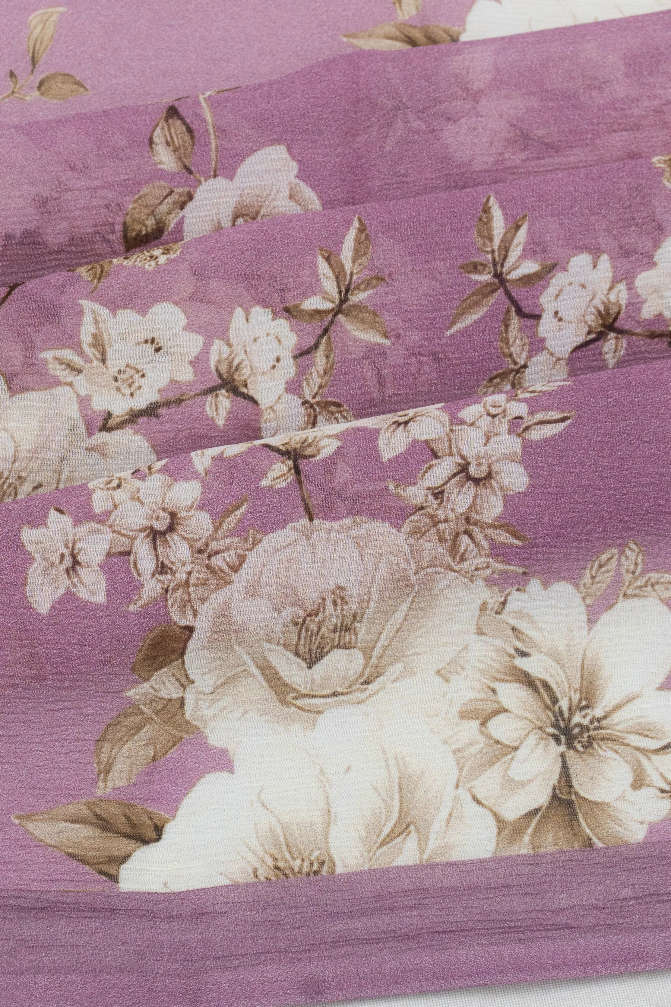 Chiffon Floral Printed Lilac Saree