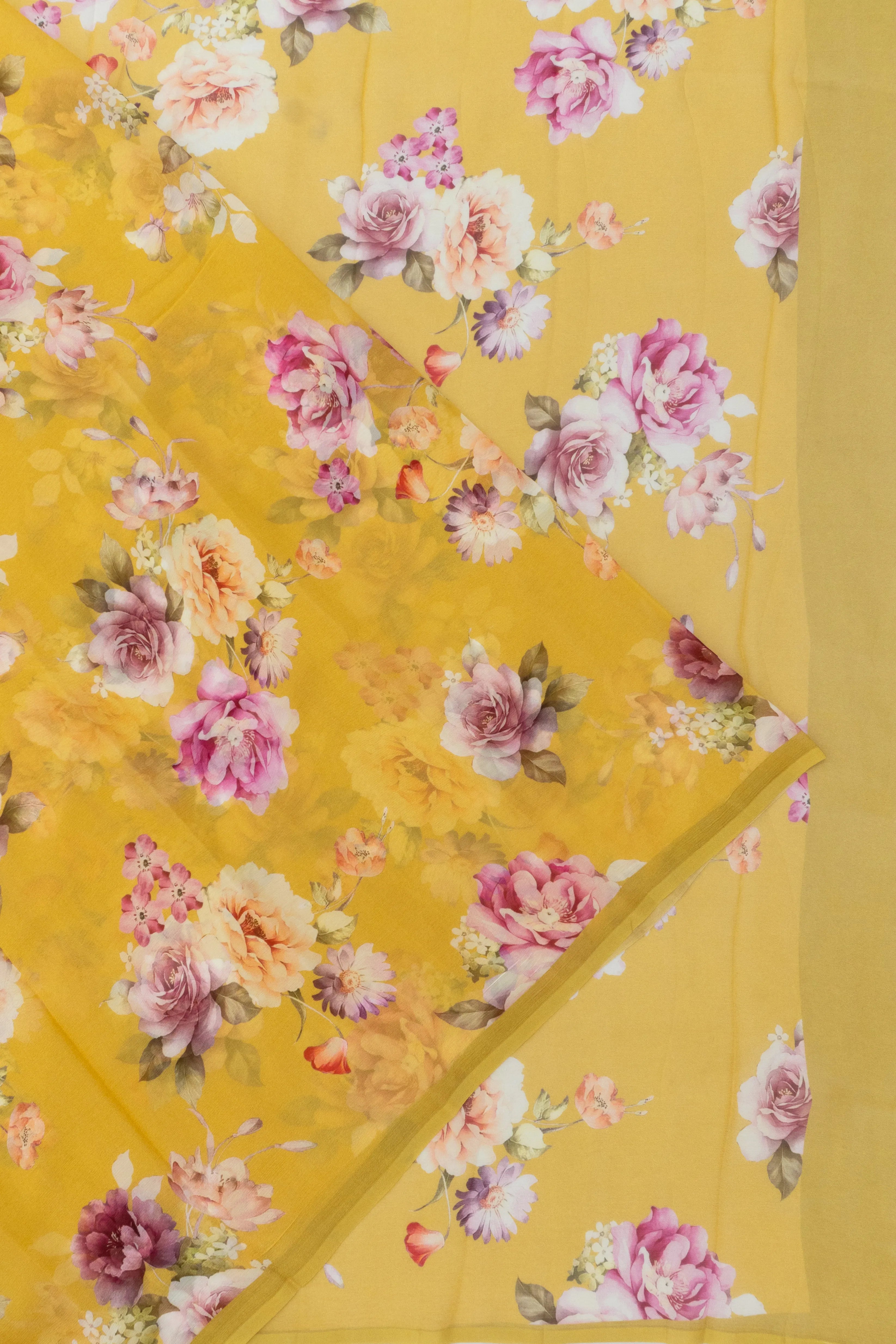Chiffon Floral Printed Yellow Saree
