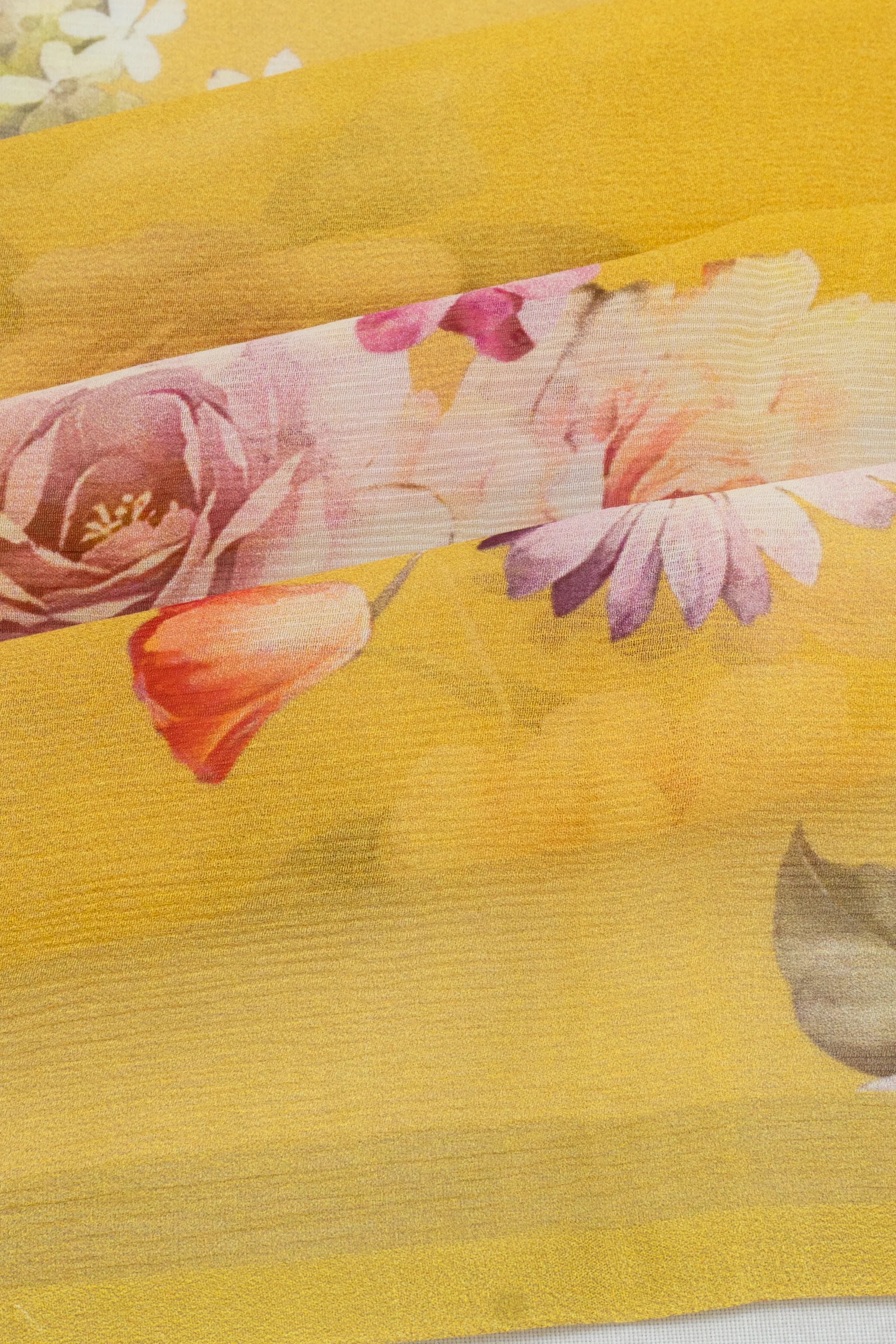 Chiffon Floral Printed Yellow Saree
