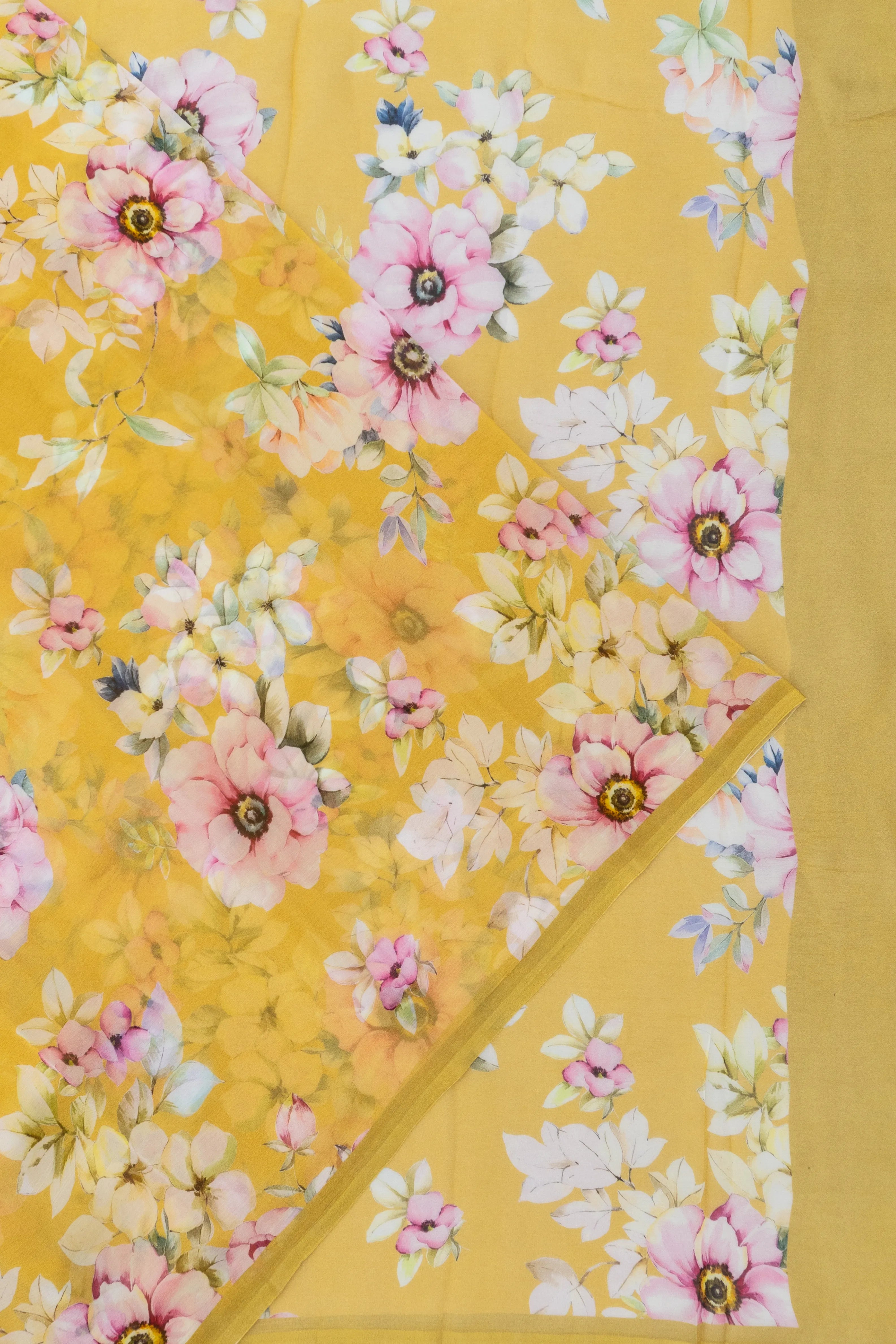 Chiffon Floral Printed Yellow Saree