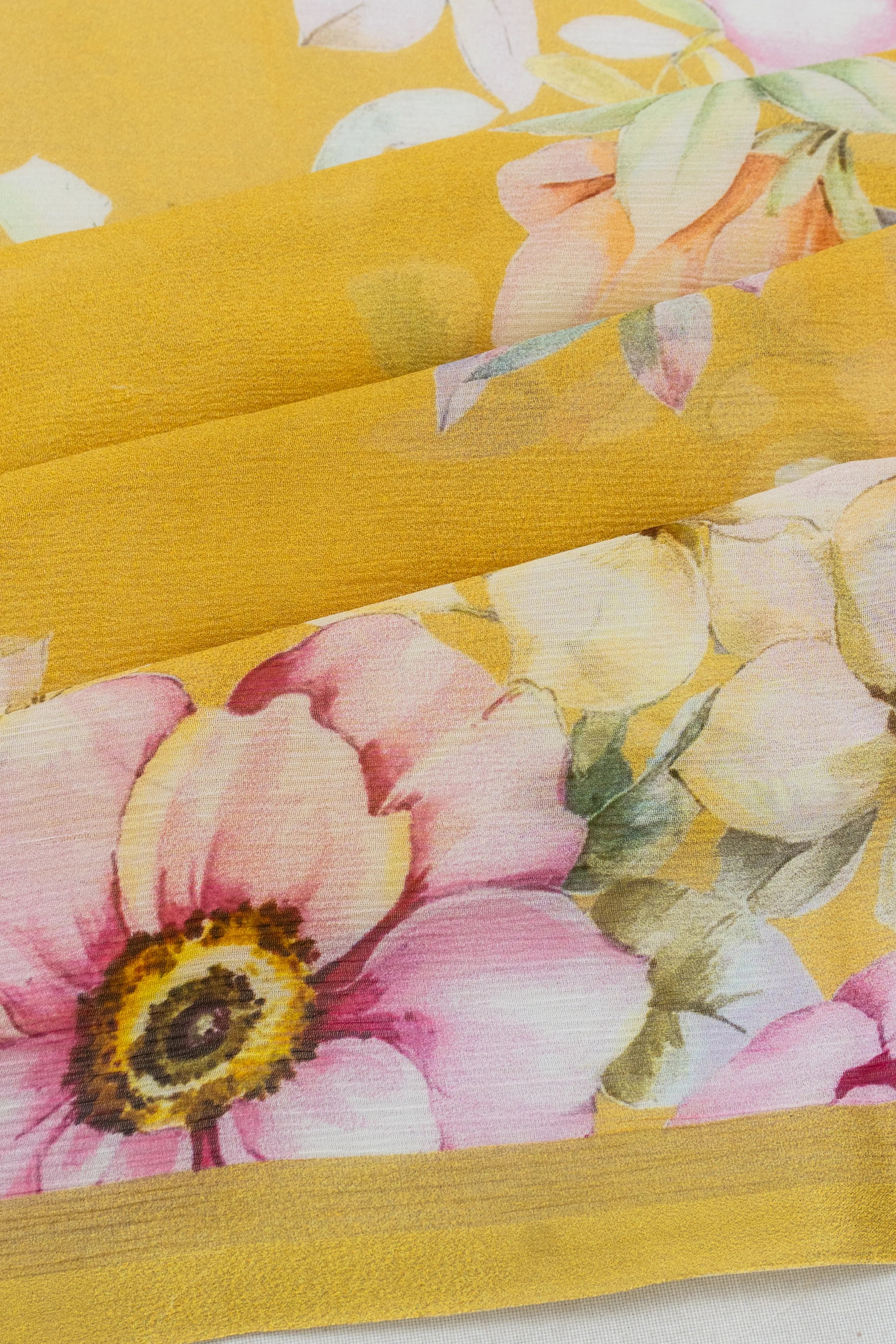 Chiffon Floral Printed Yellow Saree