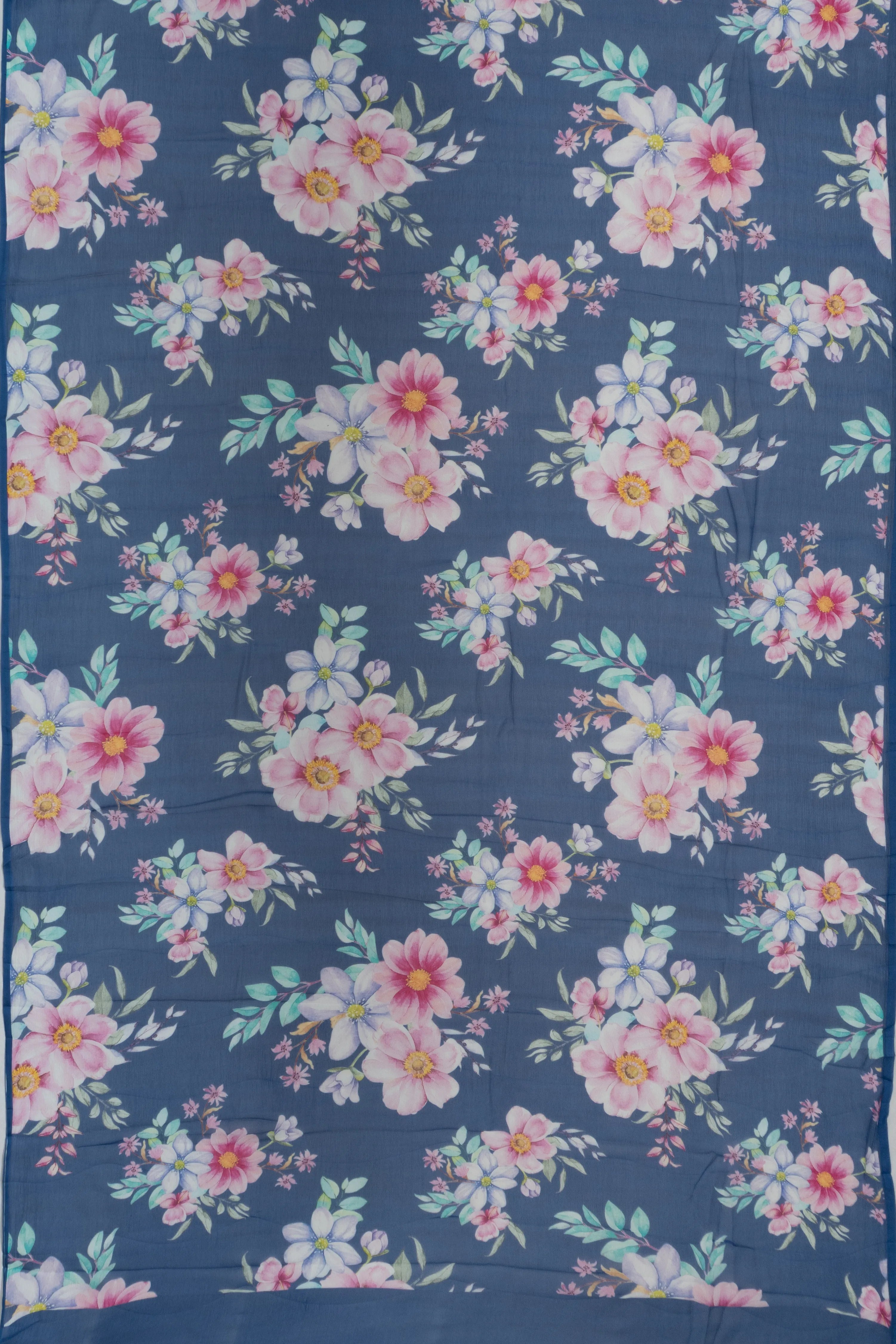 Chiffon Floral Printed Dark Blue Saree