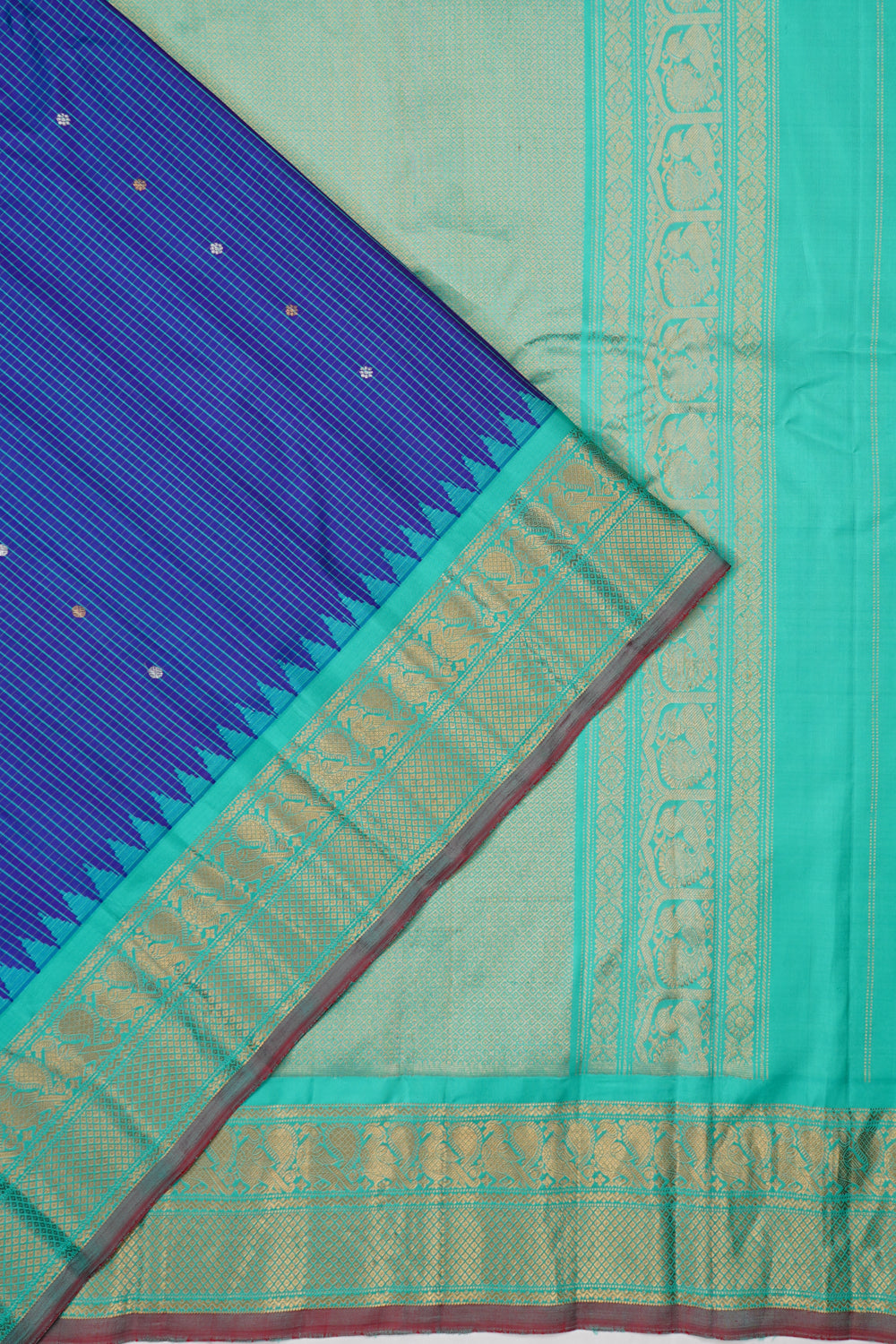 Gadwal Silk Checks And Butta Dark Blue Saree