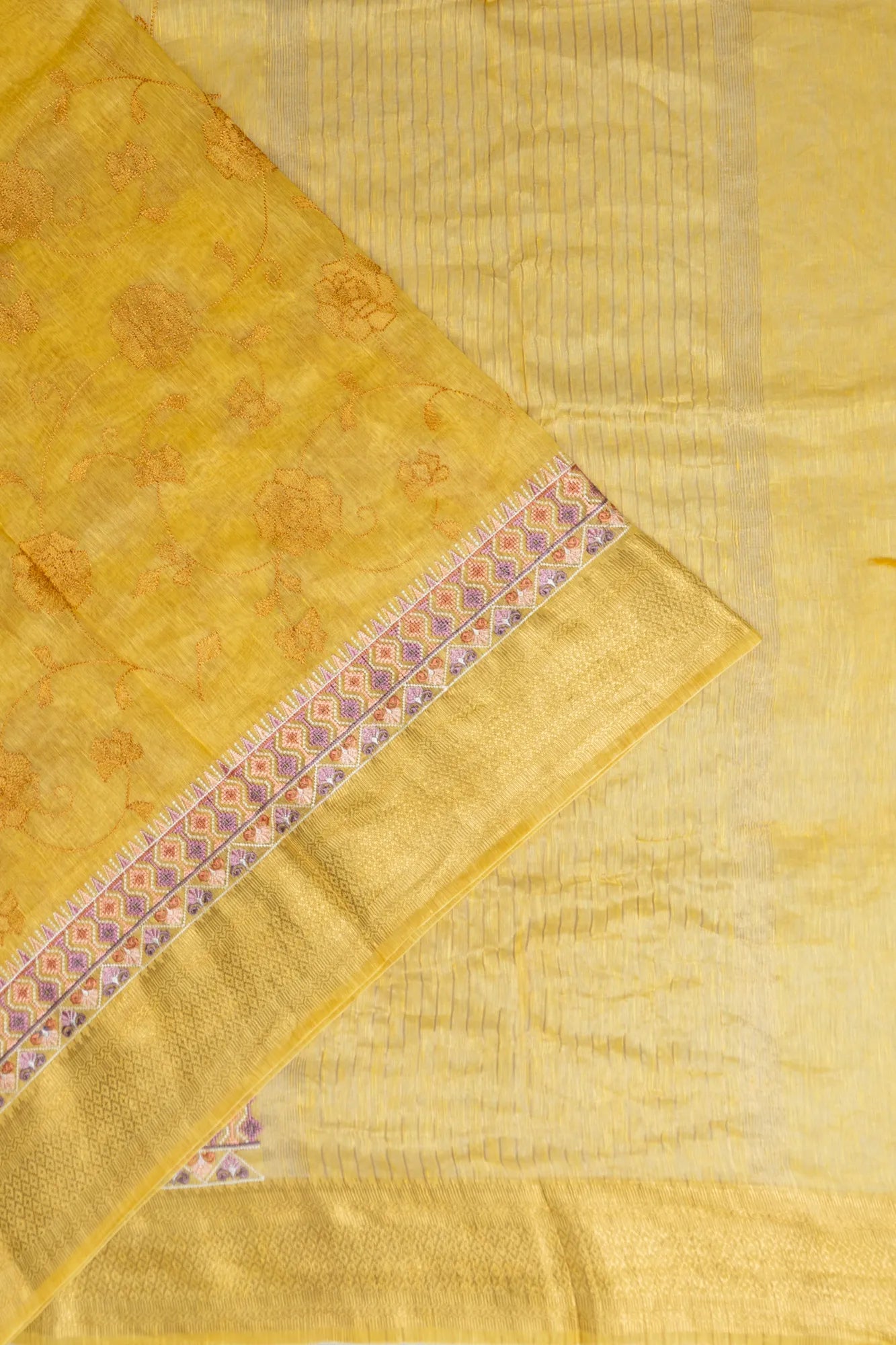 Linen Embroidery Yellow Saree
