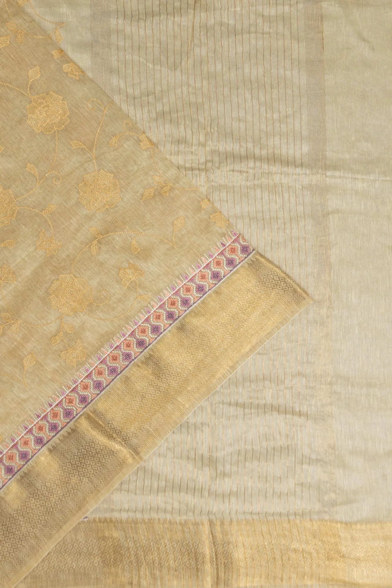 Linen Embroidery Cream Saree