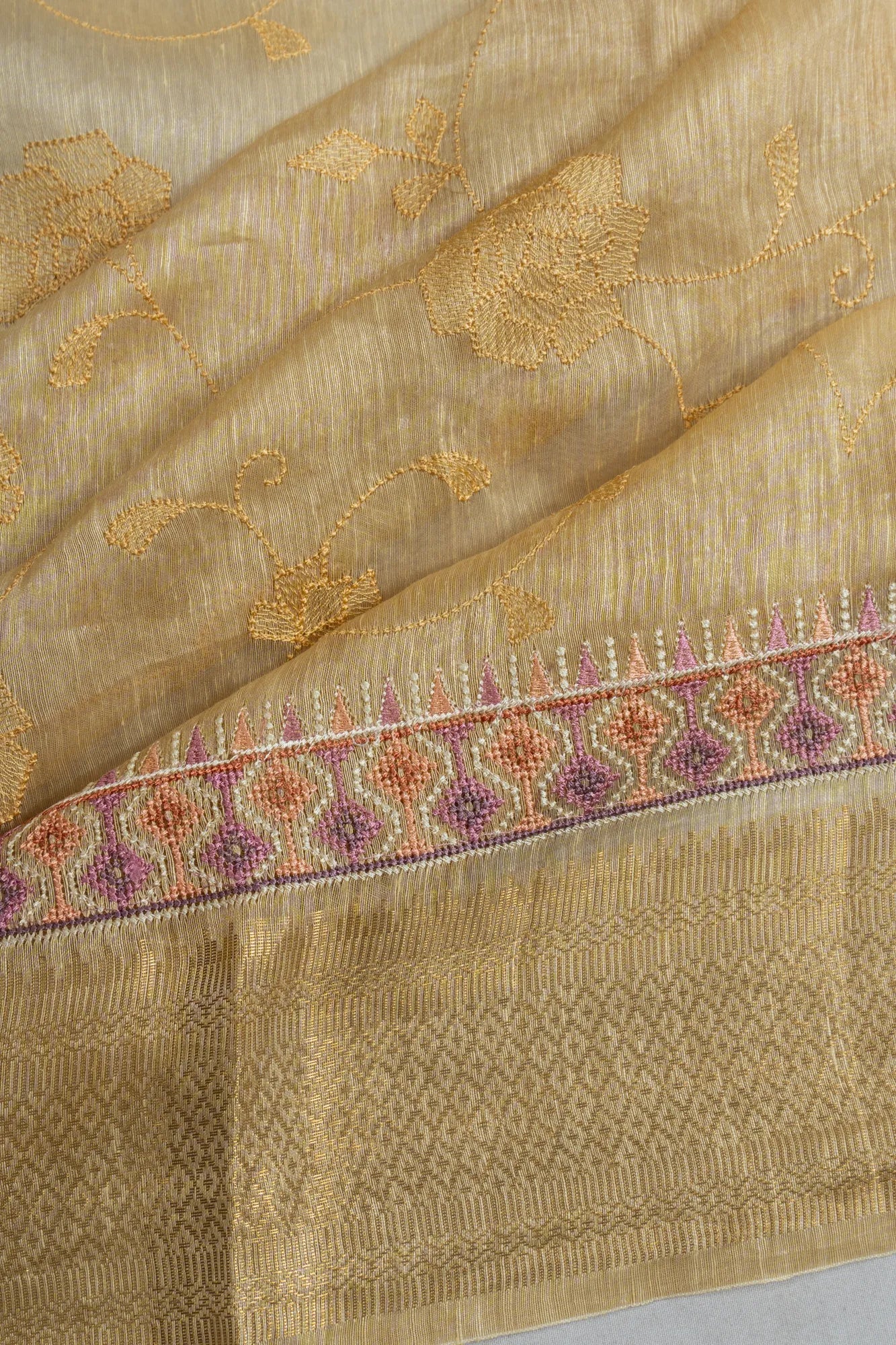 Linen Embroidery Cream Saree