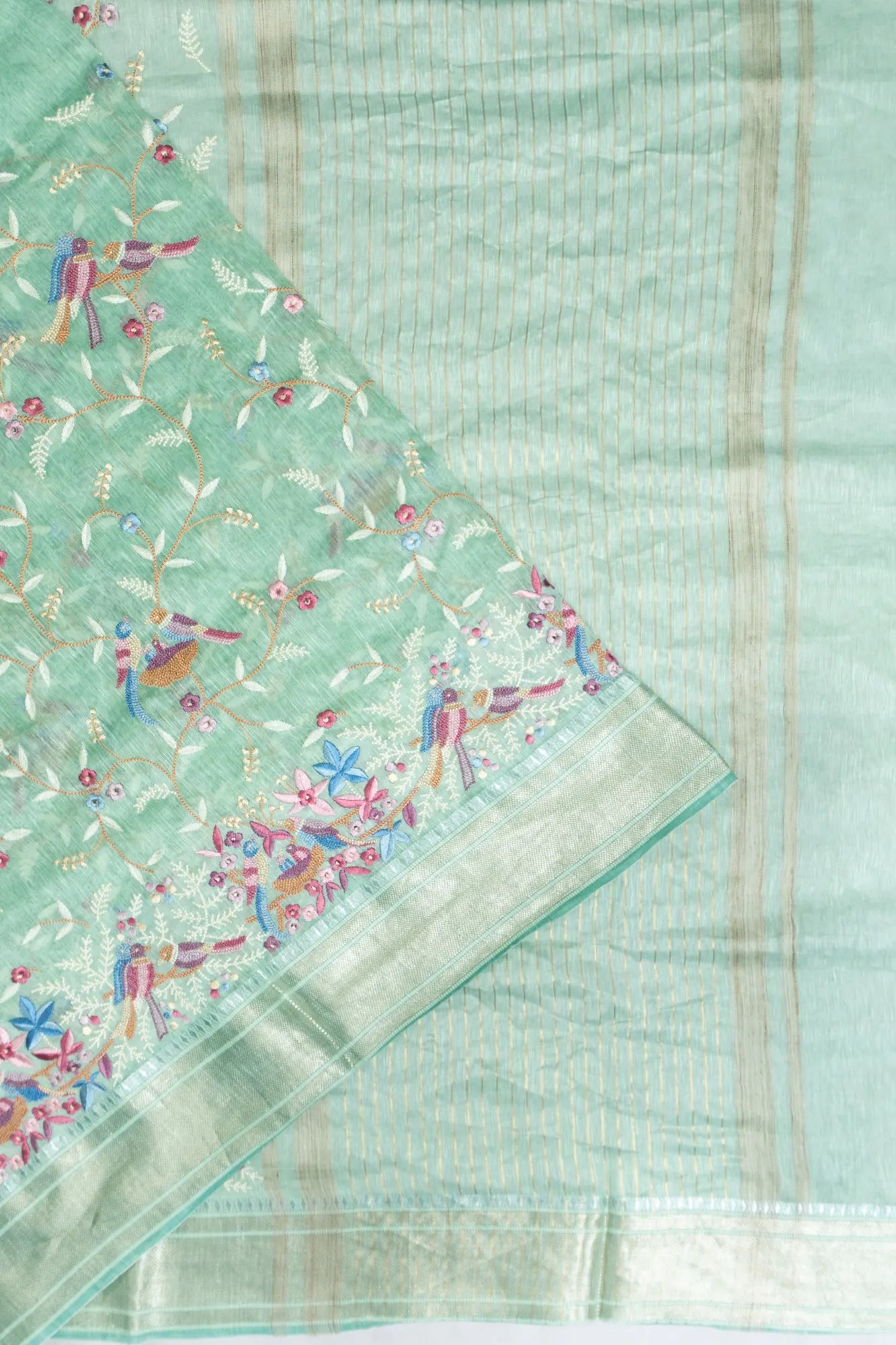 Linen Embroidery Sea Green Saree