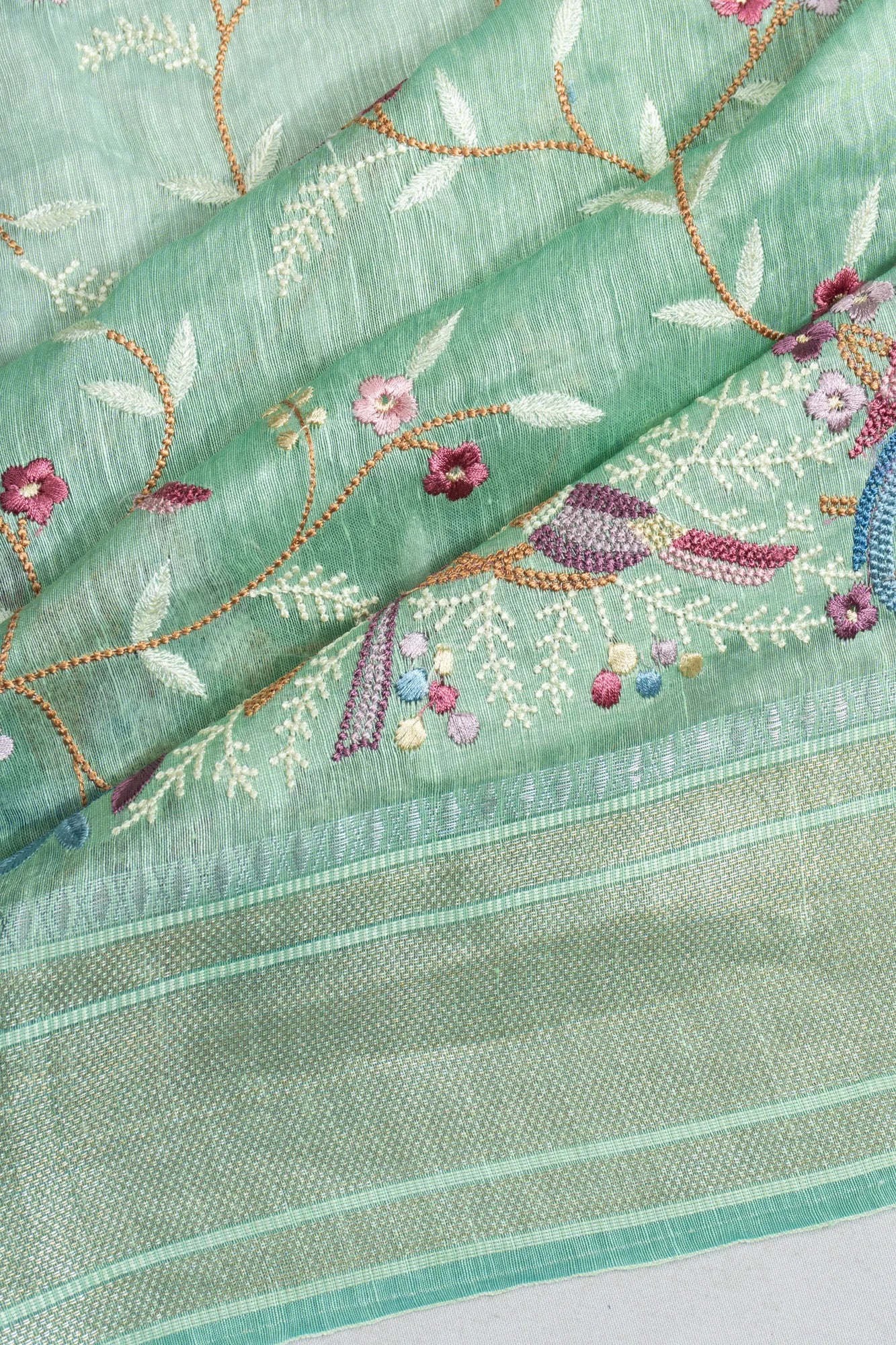 Linen Embroidery Sea Green Saree