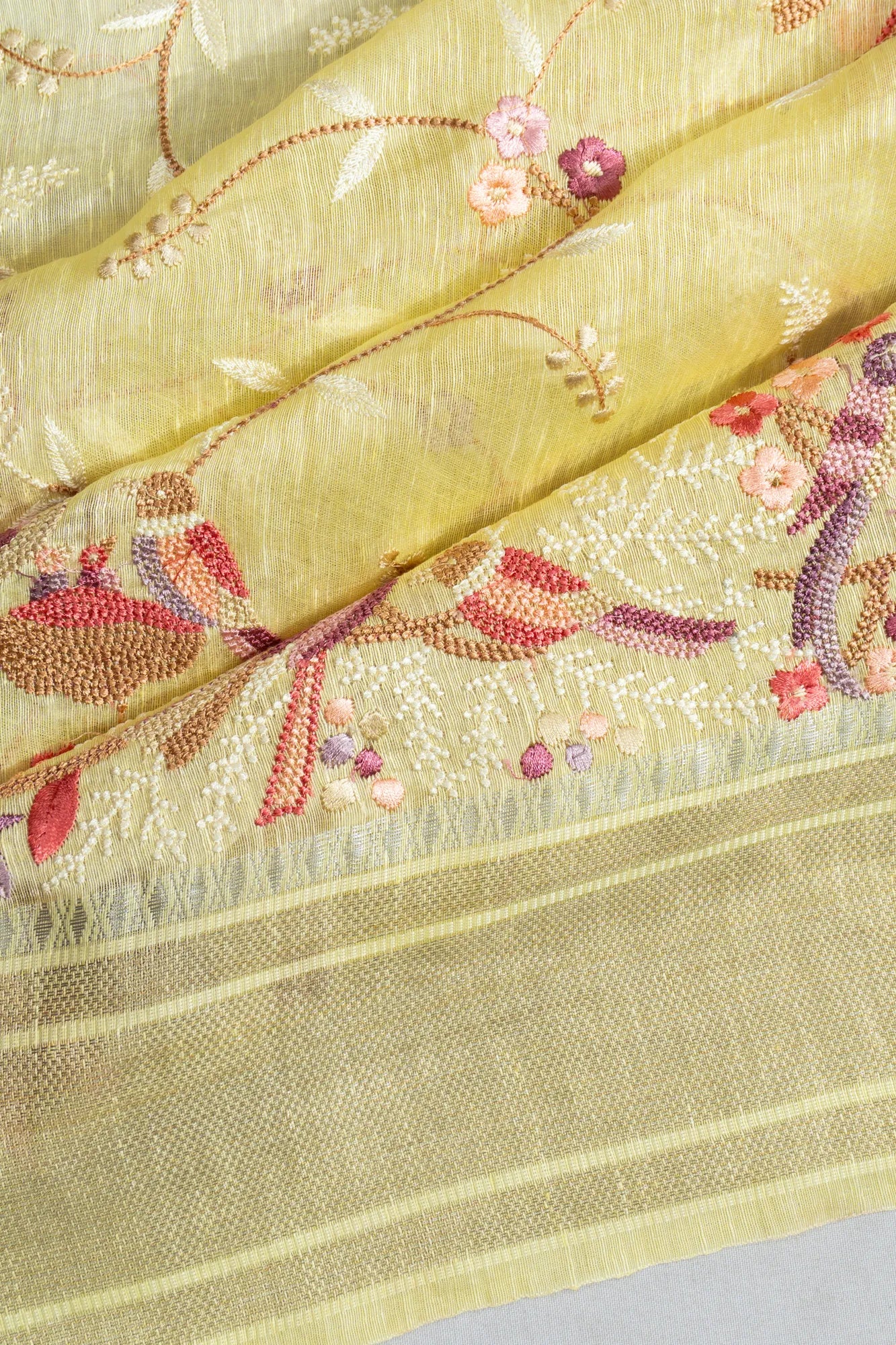 Linen Embroidery Lemon Yellow Saree