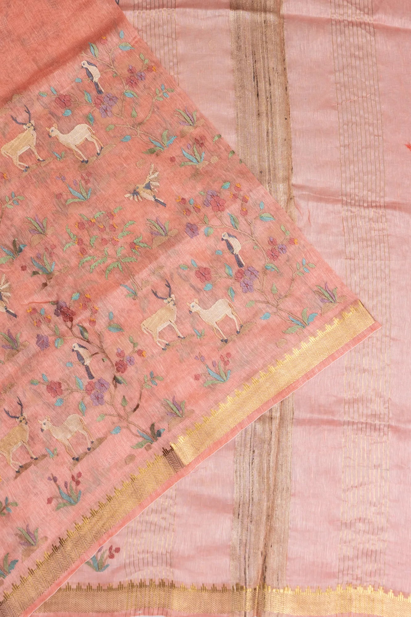 Linen Embroidery Peach Saree