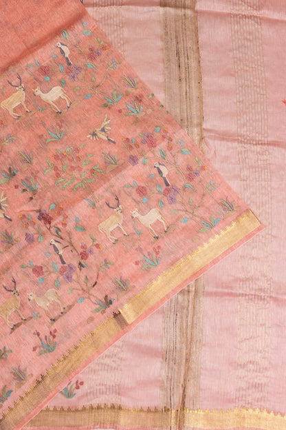Linen Embroidery Peach Saree