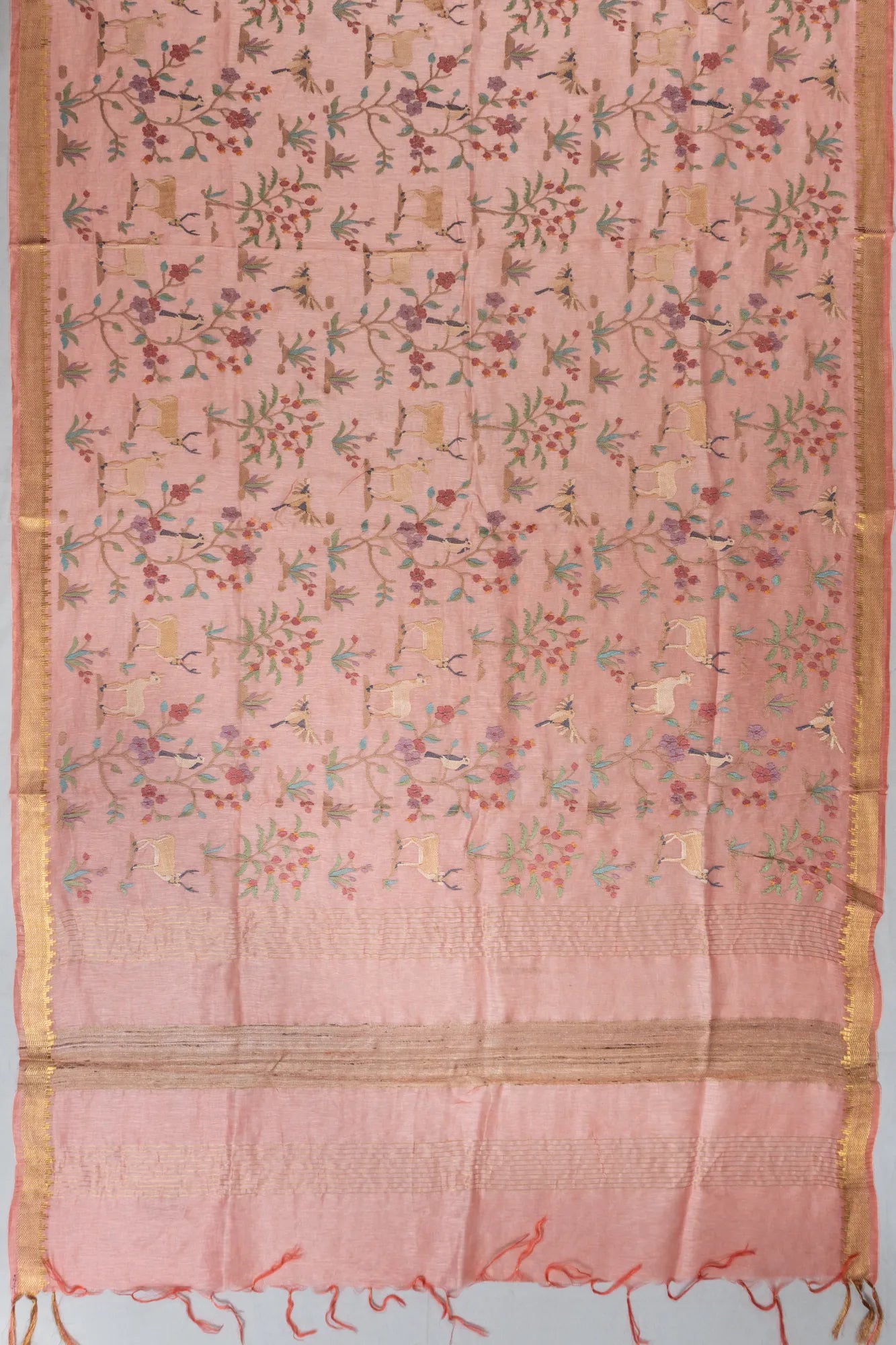Linen Embroidery Peach Saree