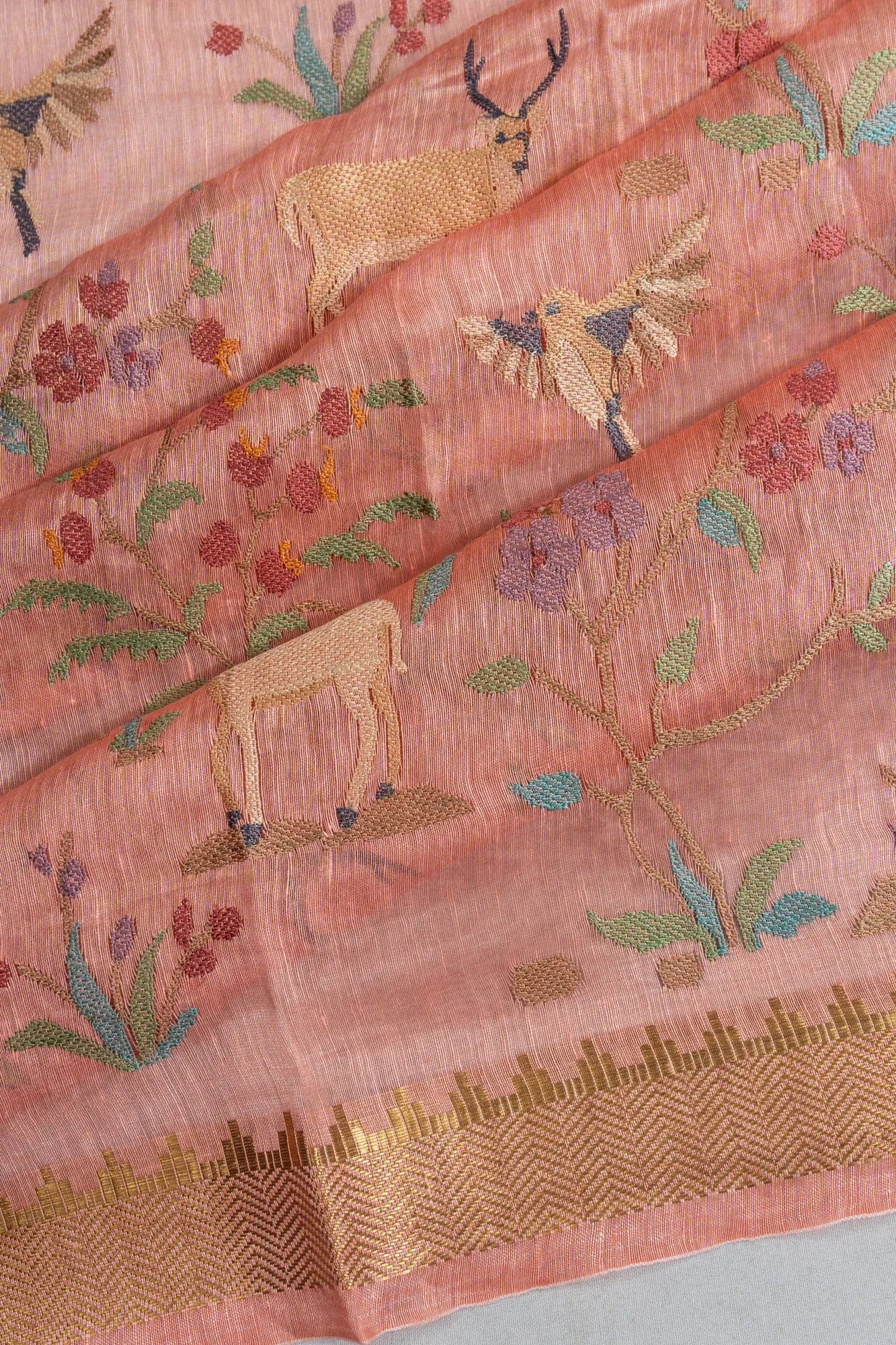 Linen Embroidery Peach Saree