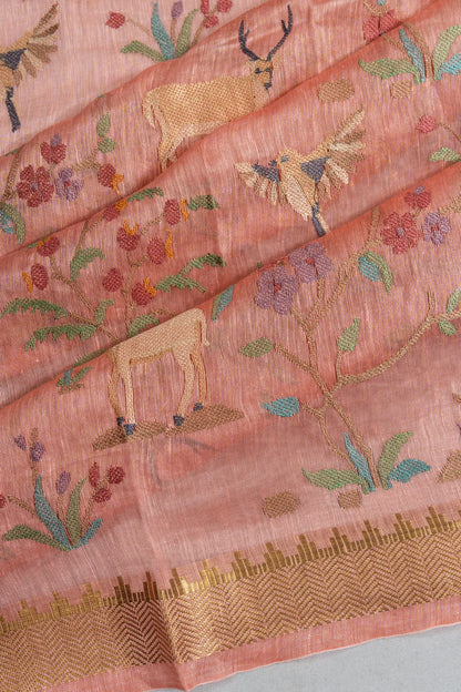 Linen Embroidery Peach Saree