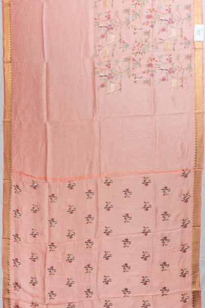 Linen Embroidery Peach Saree