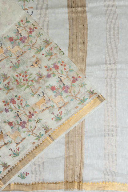 Linen Embroidery Pastel White Saree