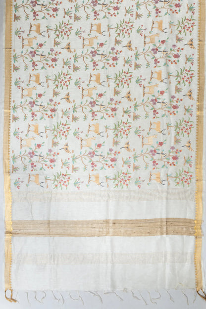 Linen Embroidery Pastel White Saree