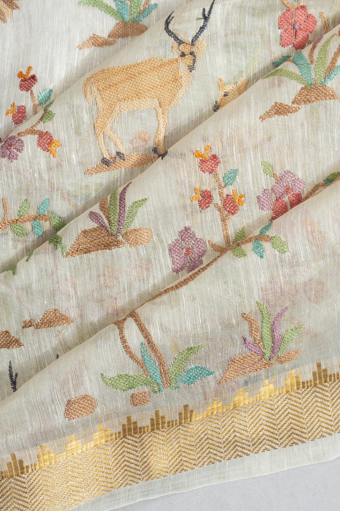 Linen Embroidery Pastel White Saree