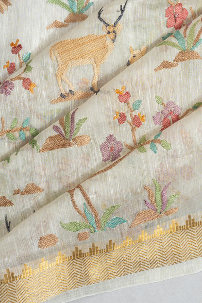 Linen Embroidery Pastel White Saree