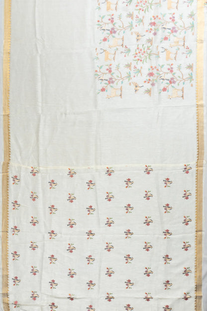 Linen Embroidery Pastel White Saree