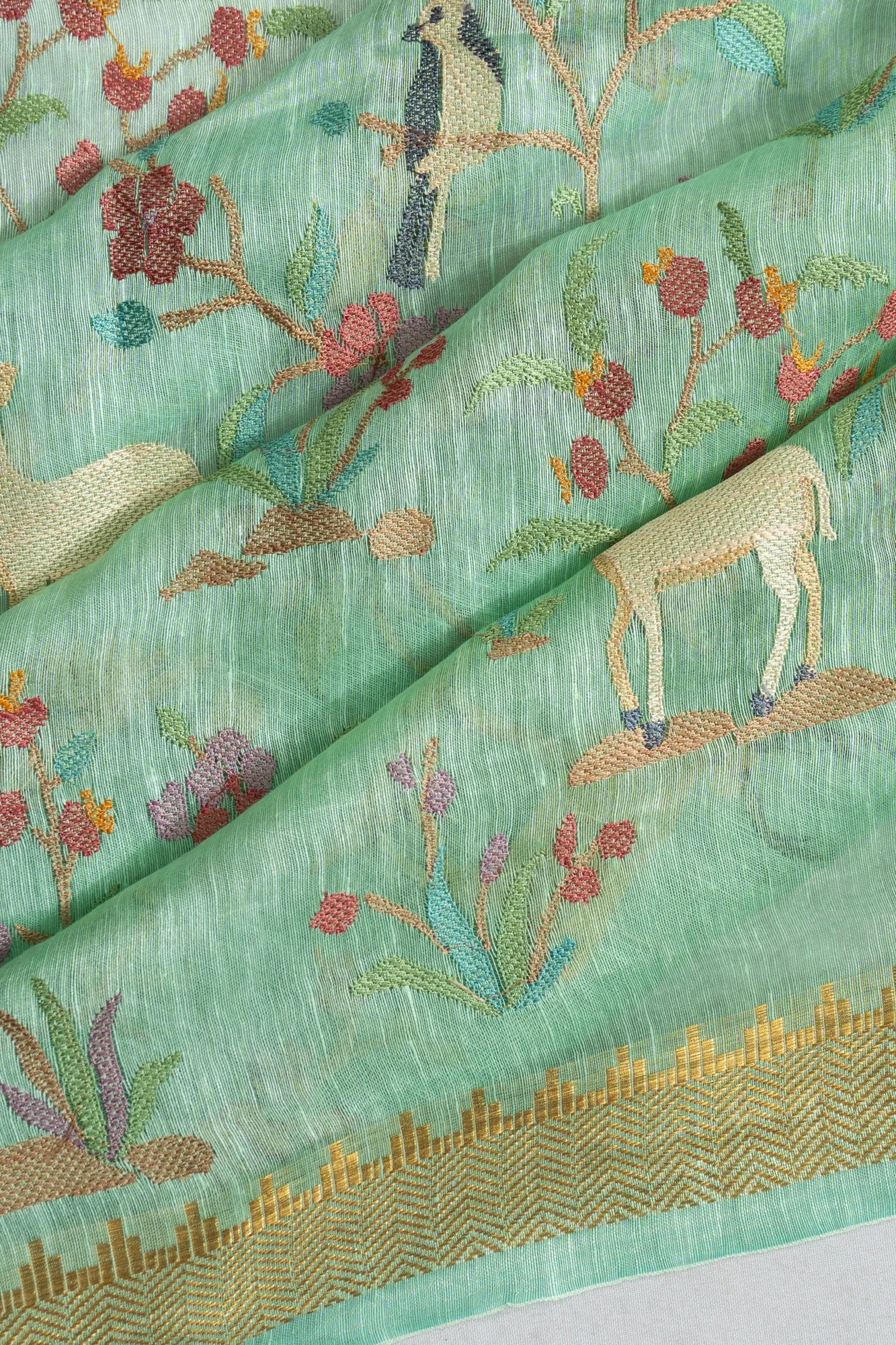 Linen Embroidery Sea Green Saree