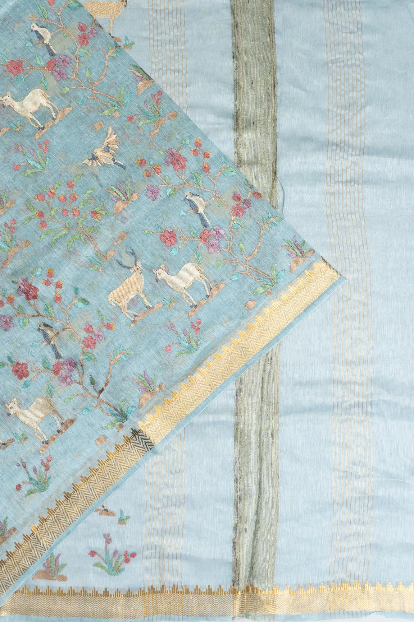 Linen Embroidery Pastel Blue Saree