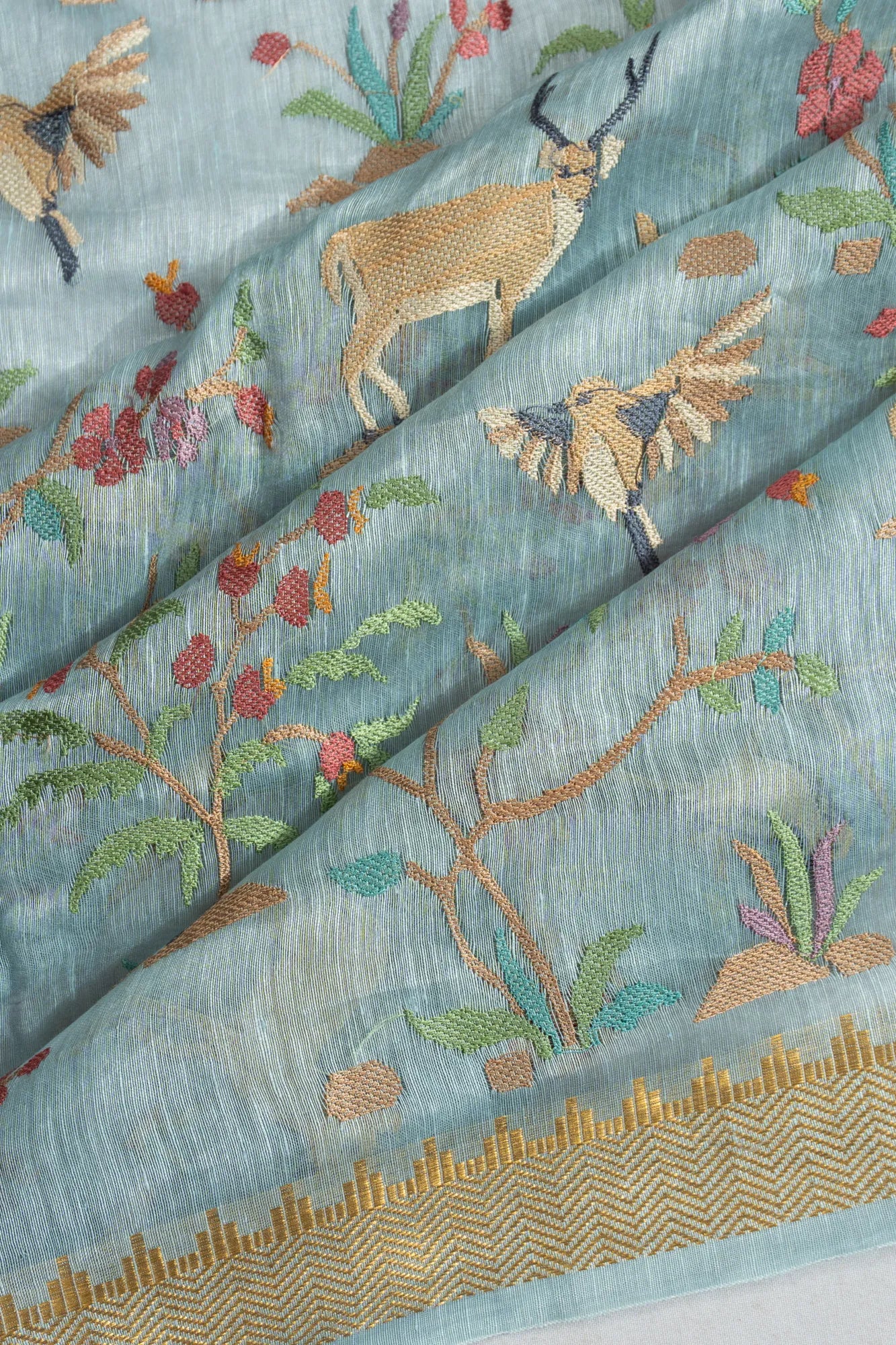 Linen Embroidery Pastel Blue Saree