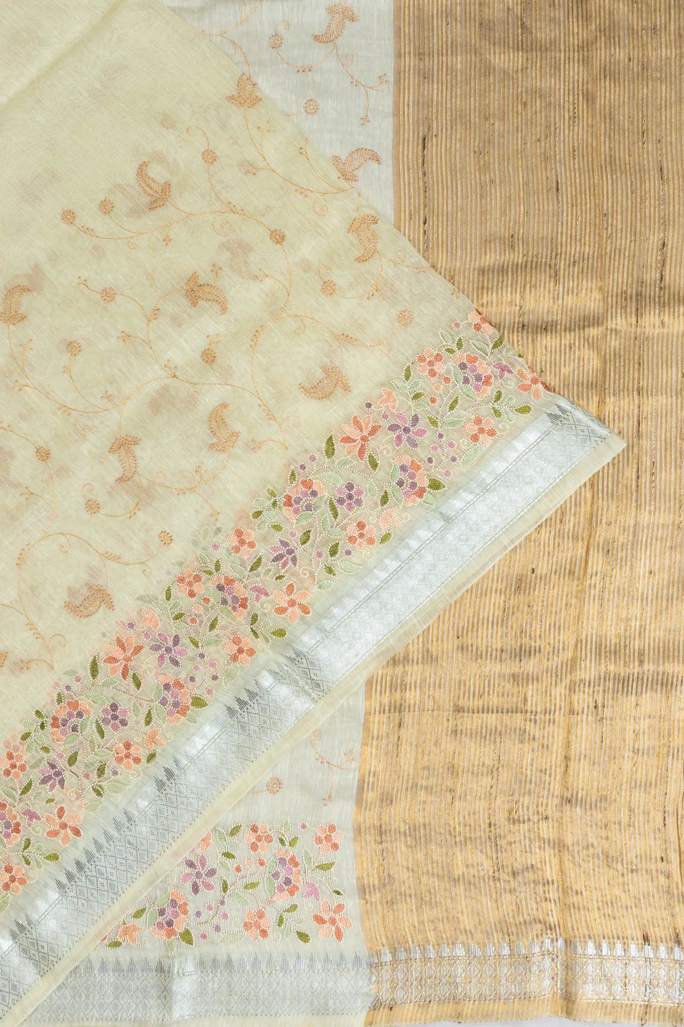 Linen Embroidery Pale Yellow Saree