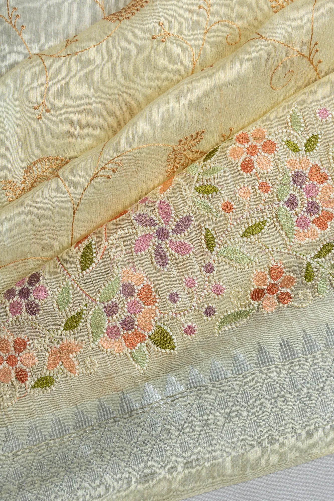 Linen Embroidery Pale Yellow Saree