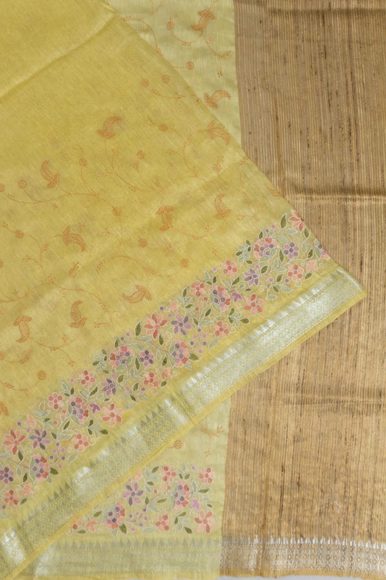 Linen Embroidery Yellow Saree