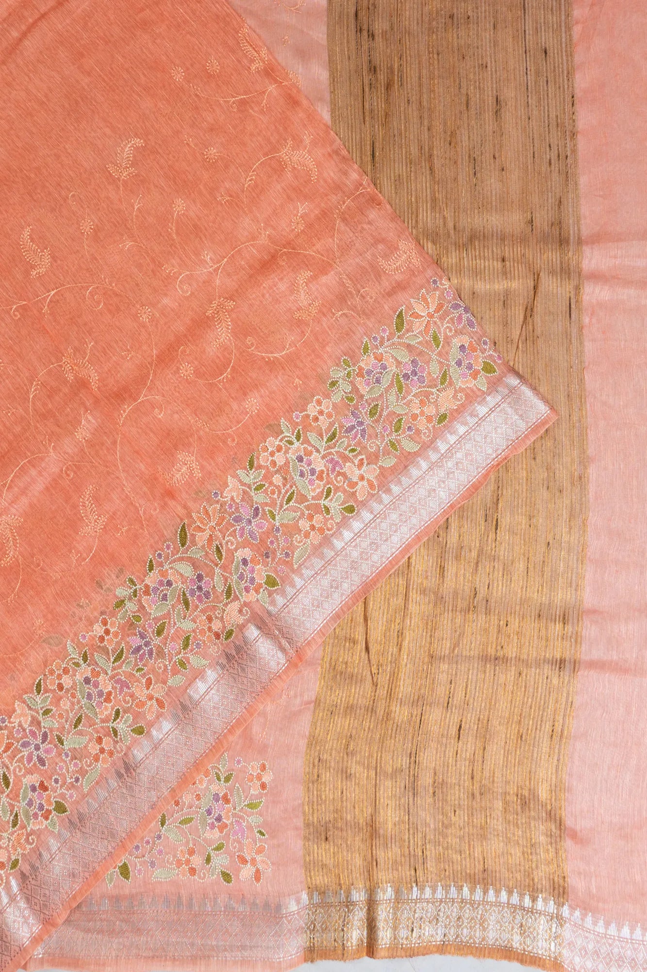 Linen Embroidery Pastel Orange Saree