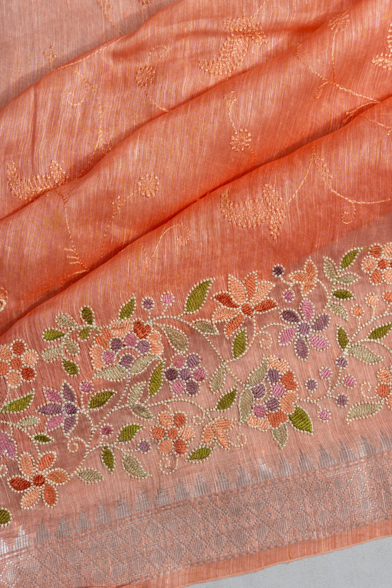 Linen Embroidery Pastel Orange Saree