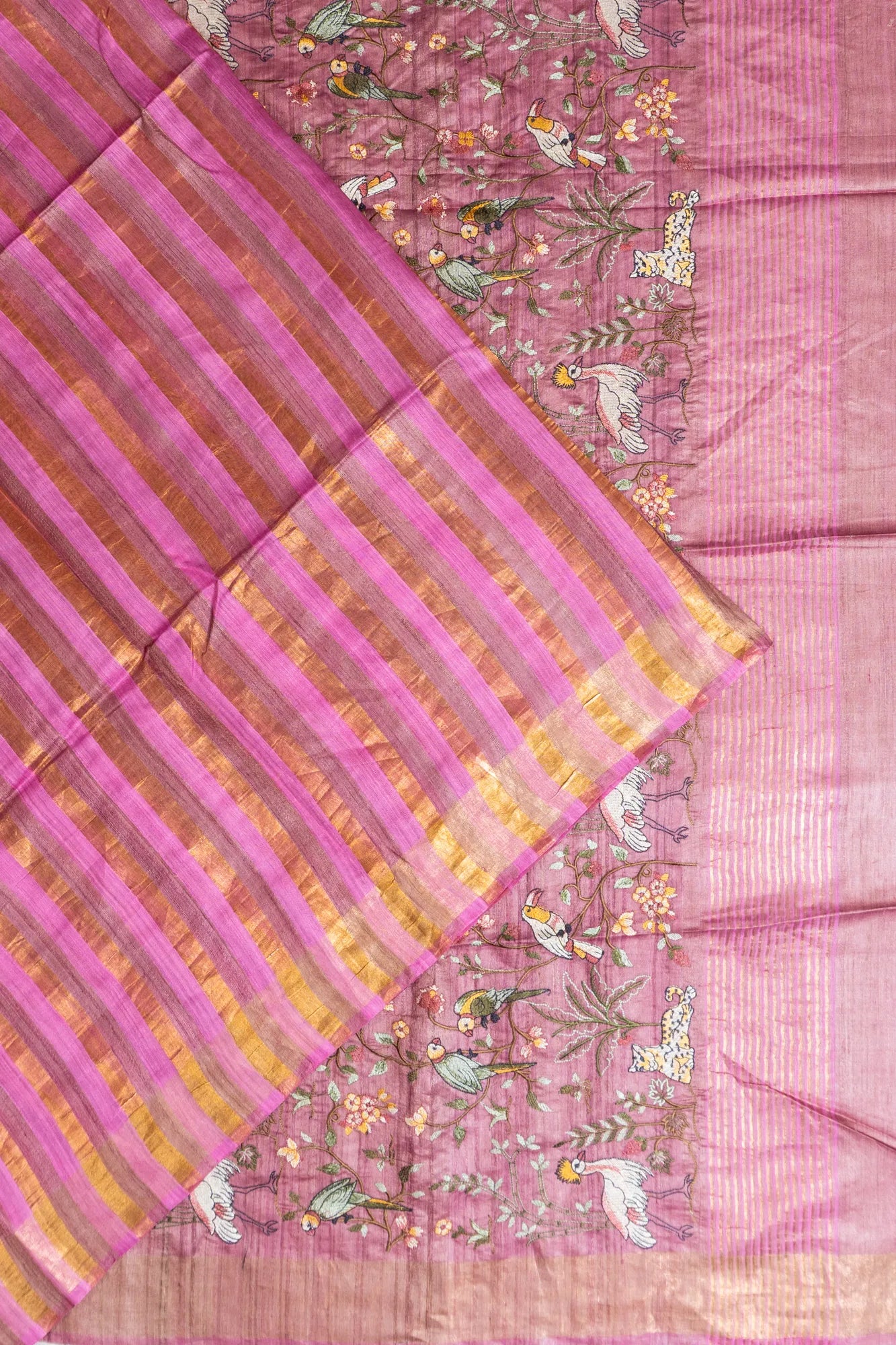Linen Vertical Lines Pink Saree With Embroidery