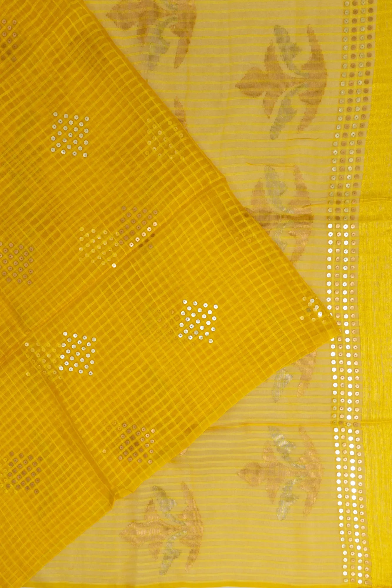 Organza Checks And Sequin Butta Yellow Saree