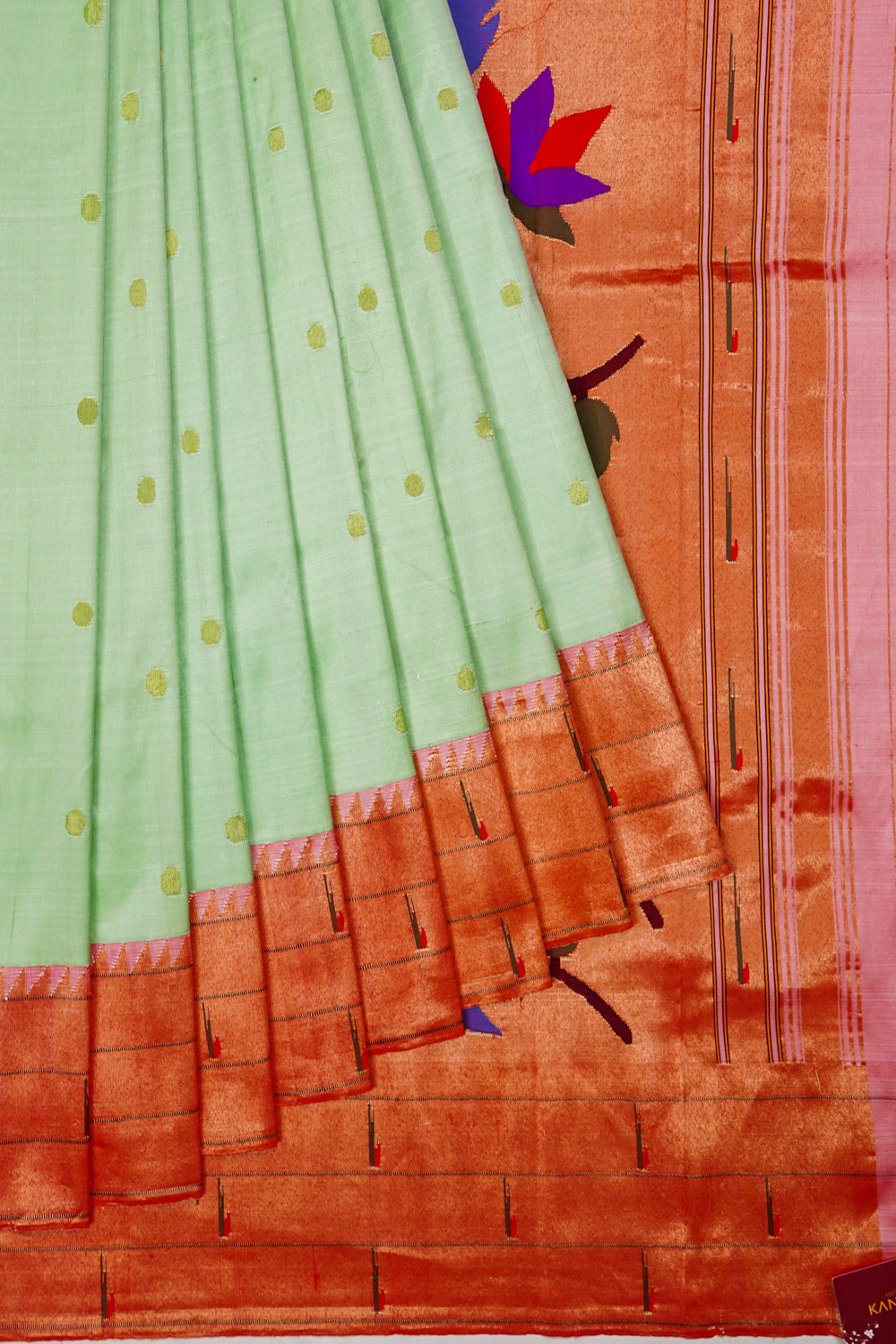 Paithani Silk Butta Green Saree With Single Muniya Border
