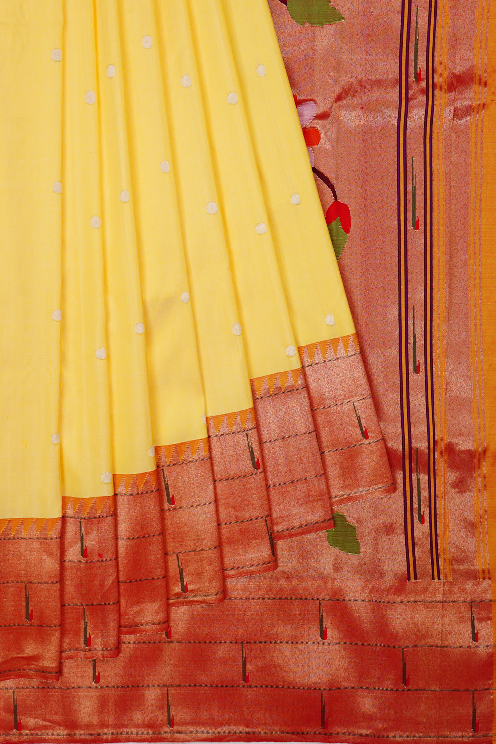 Paithani Silk Butta Lemon Yellow Saree With Single Muniya Border