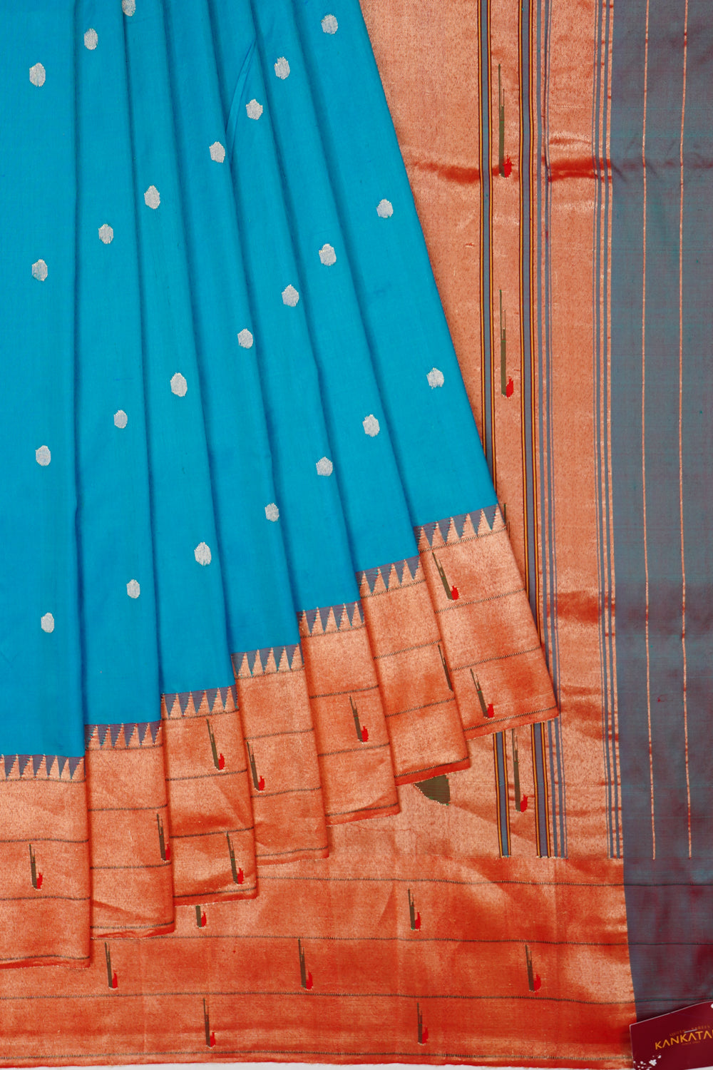 Paithani Silk Butta Blue Saree With Single Muniya Border