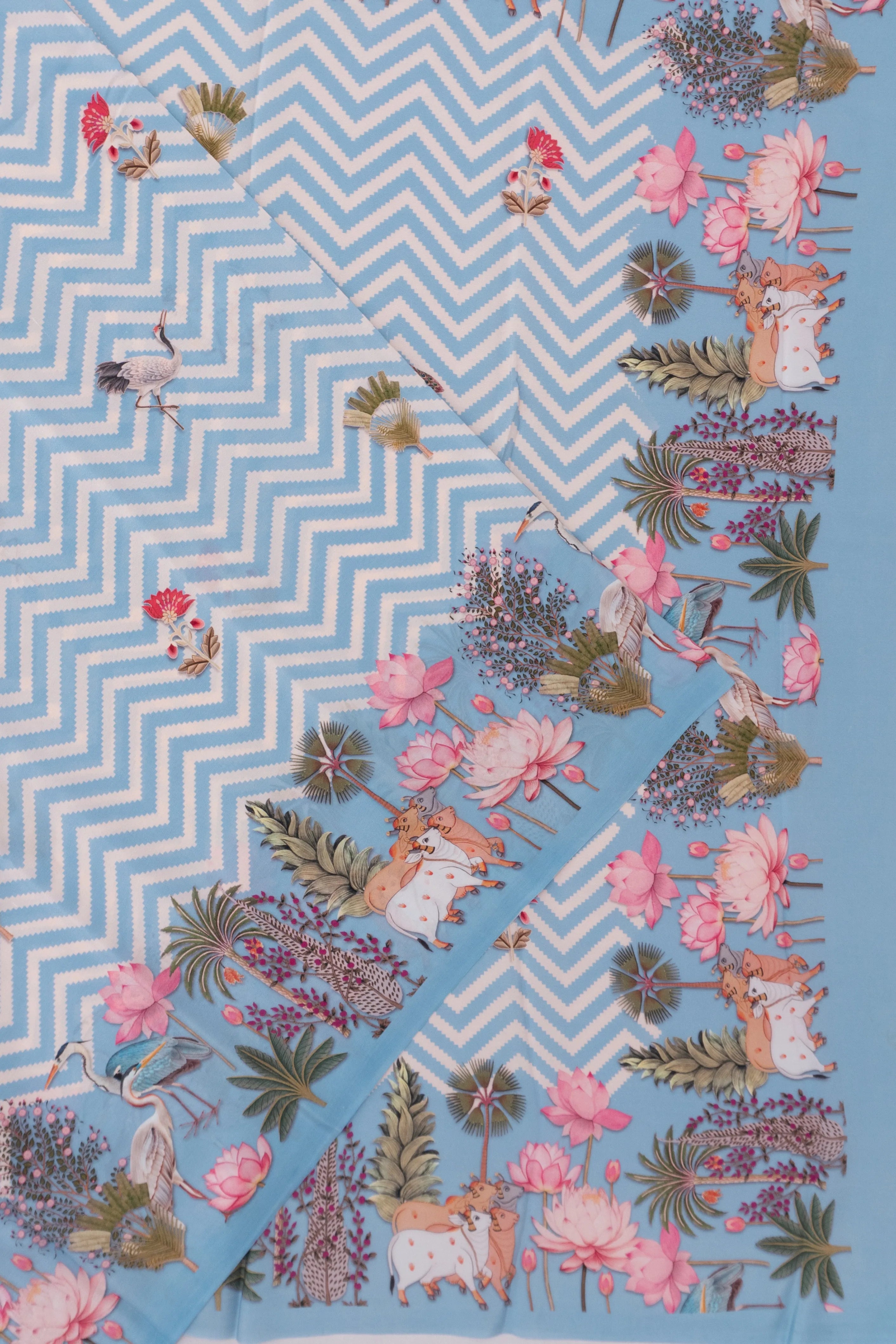 Crepe Pichwai Printed And Zig Zag Lines Blue Saree