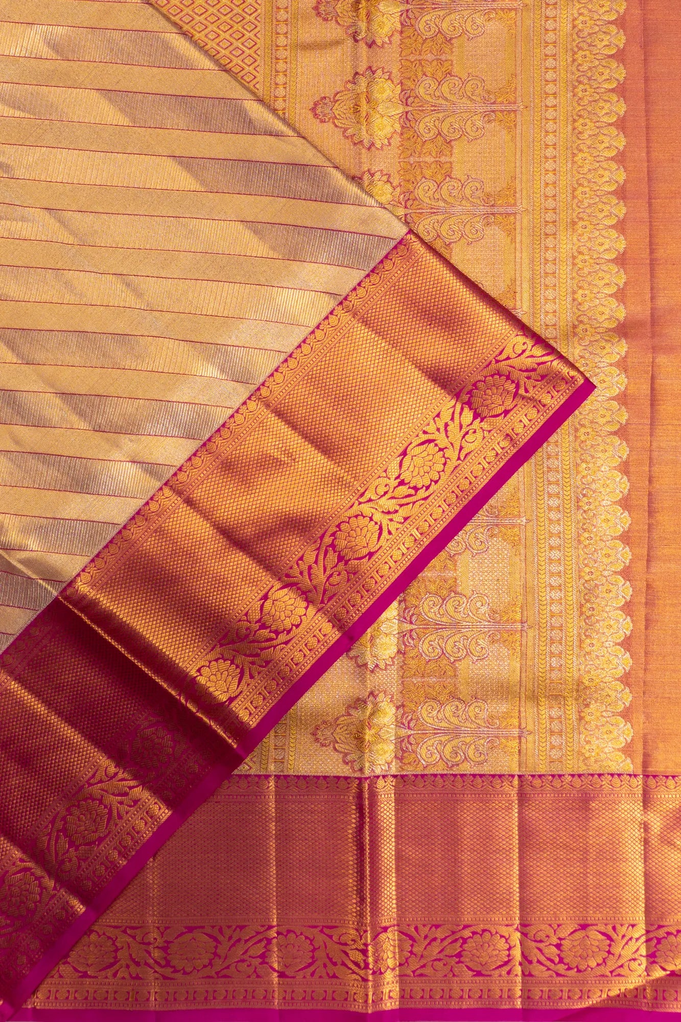 Kanchipuram Silk Tissue Diagonal Lines Gold Saree