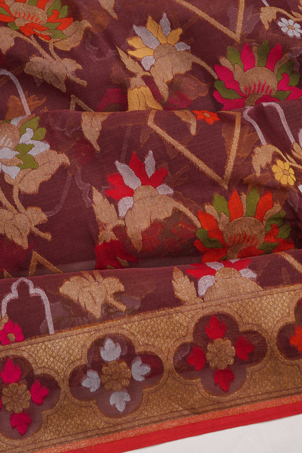 Banarasi Cotton Cutwork Jaal Brown Saree