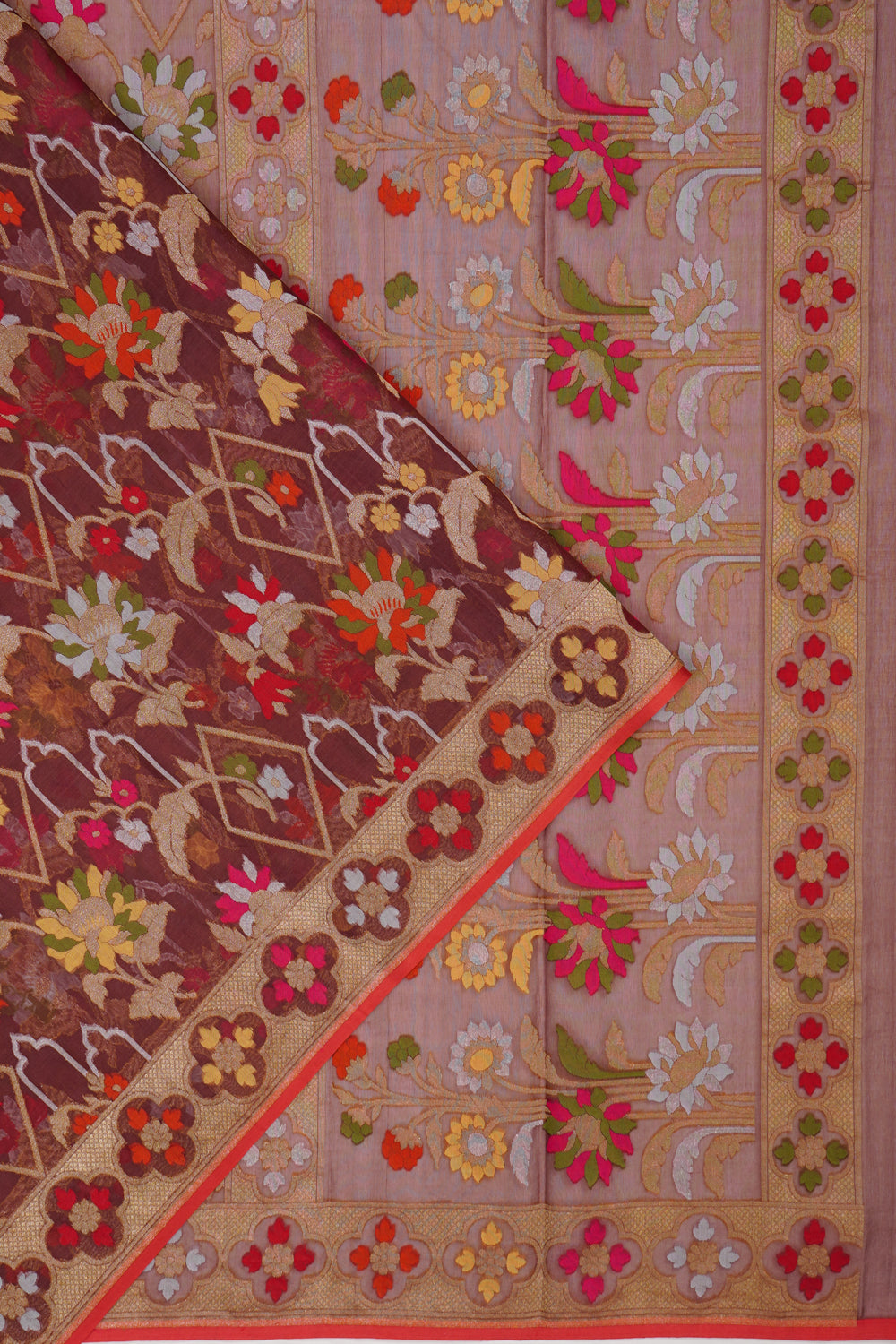 Banarasi Cotton Cutwork Jaal Brown Saree