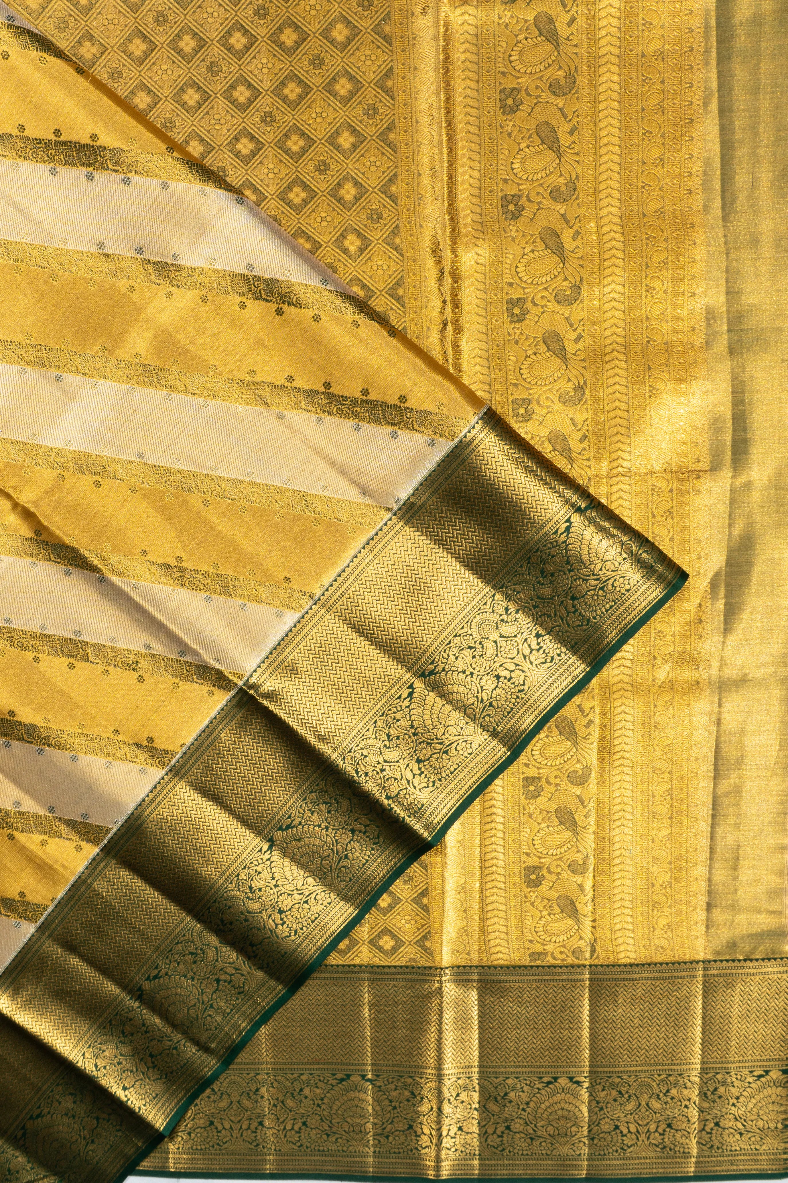 Kanchipuram Silk Tissue Leheriya Jaal Gold Saree