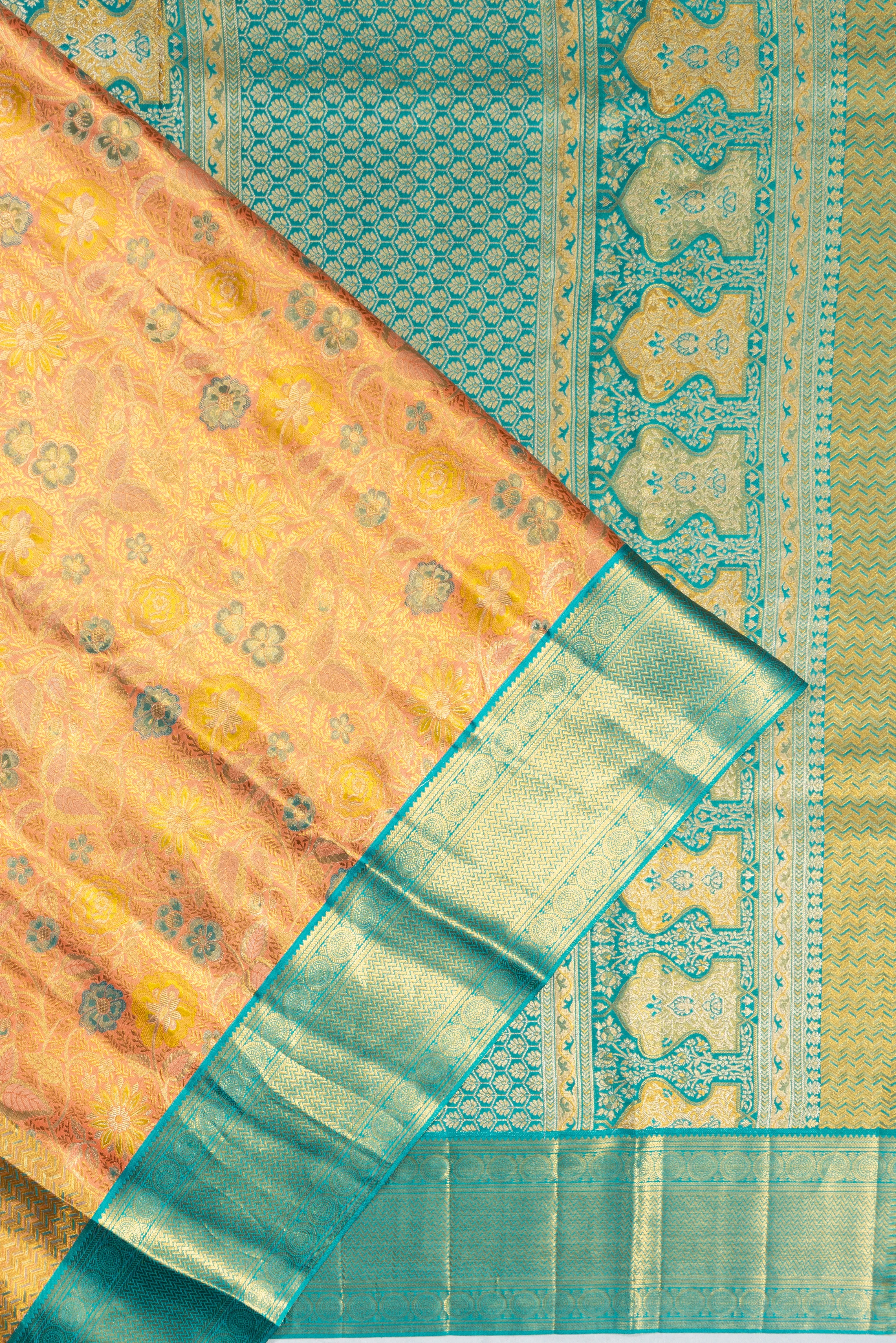 Kanchipuram Silk Tissue Brocade Peach Saree