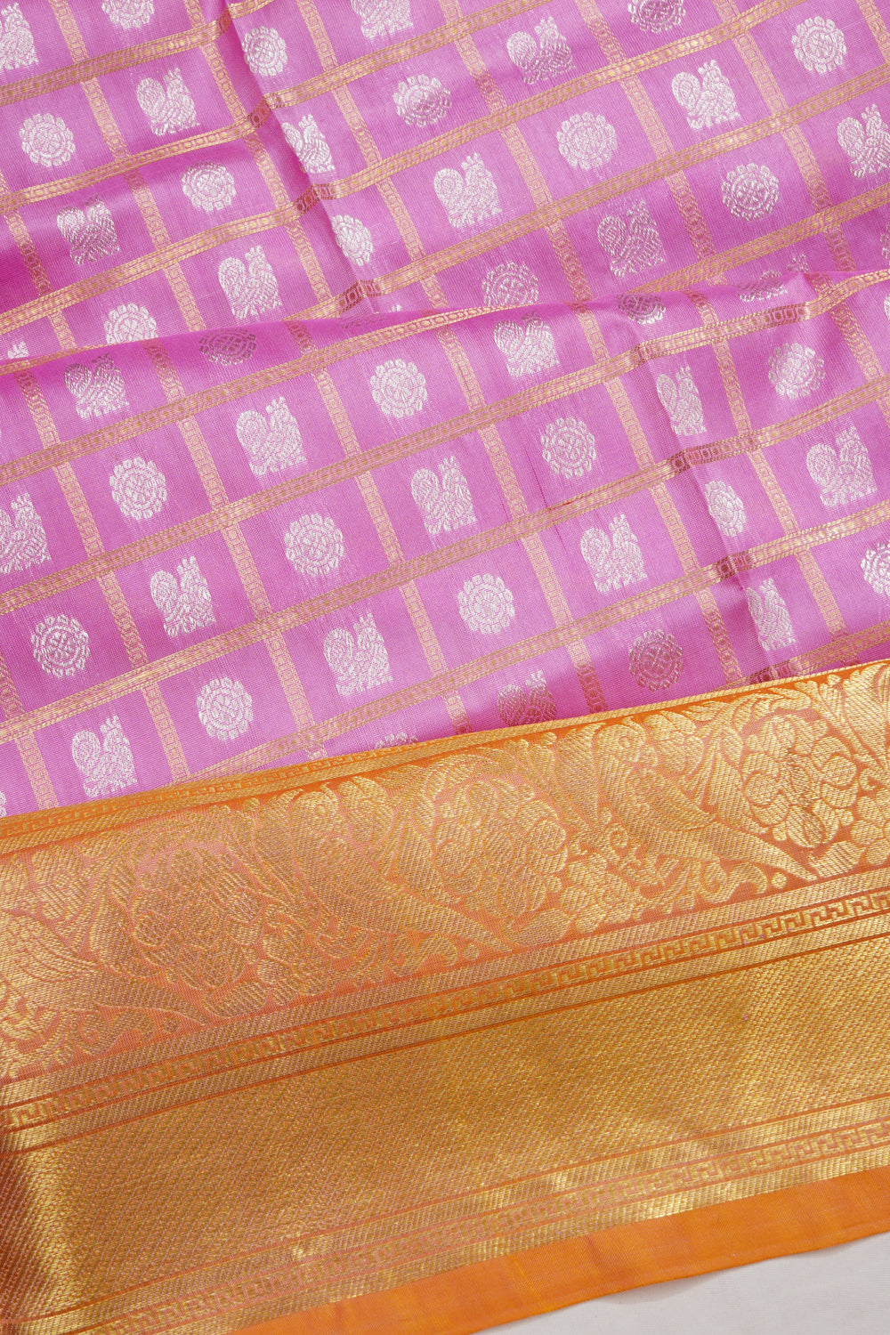 Kanchipuram Silk Checks And Butta Pink Saree