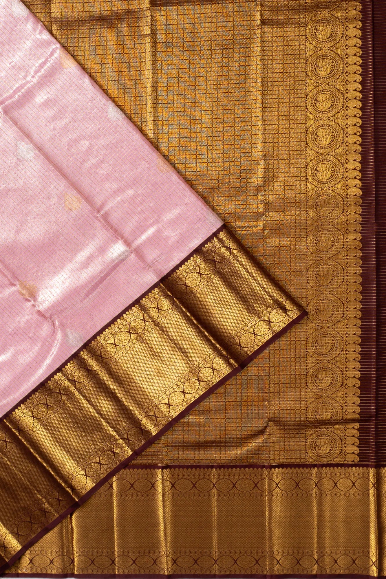 Kanchipuram Silk Tissue Checks And Butta Baby Pink Saree