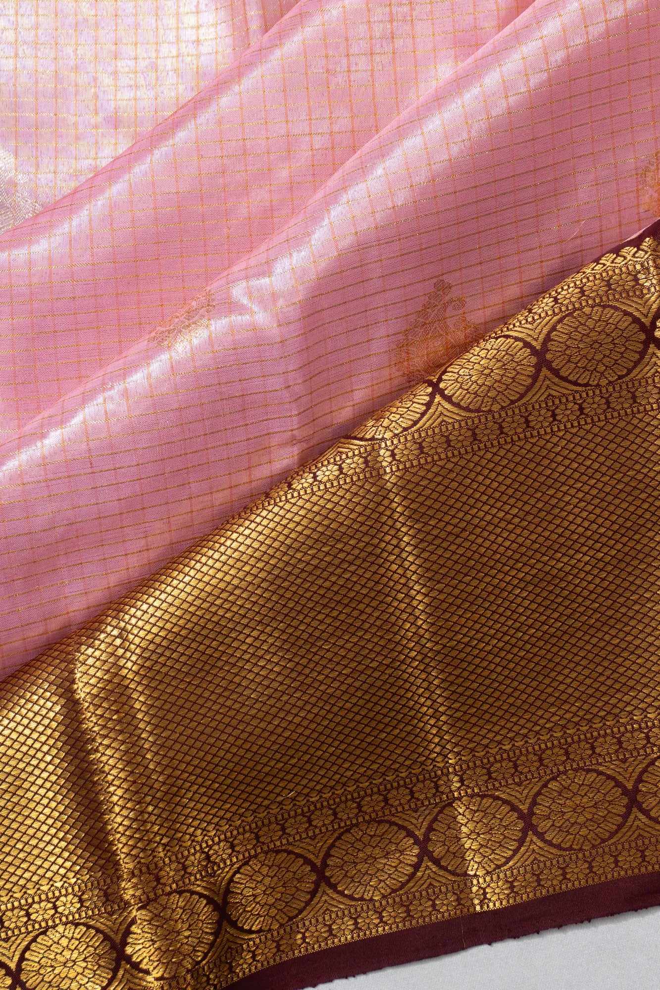 Kanchipuram Silk Tissue Checks And Butta Baby Pink Saree