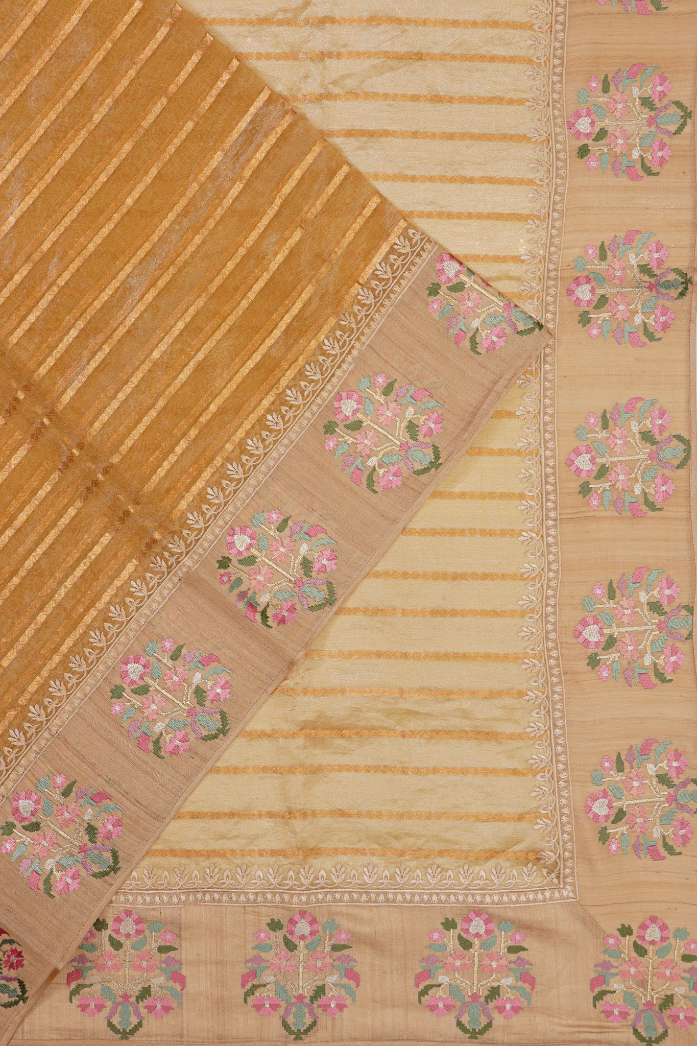 Organza Tissue Lines Cream Saree With Tussar Embroidery Border