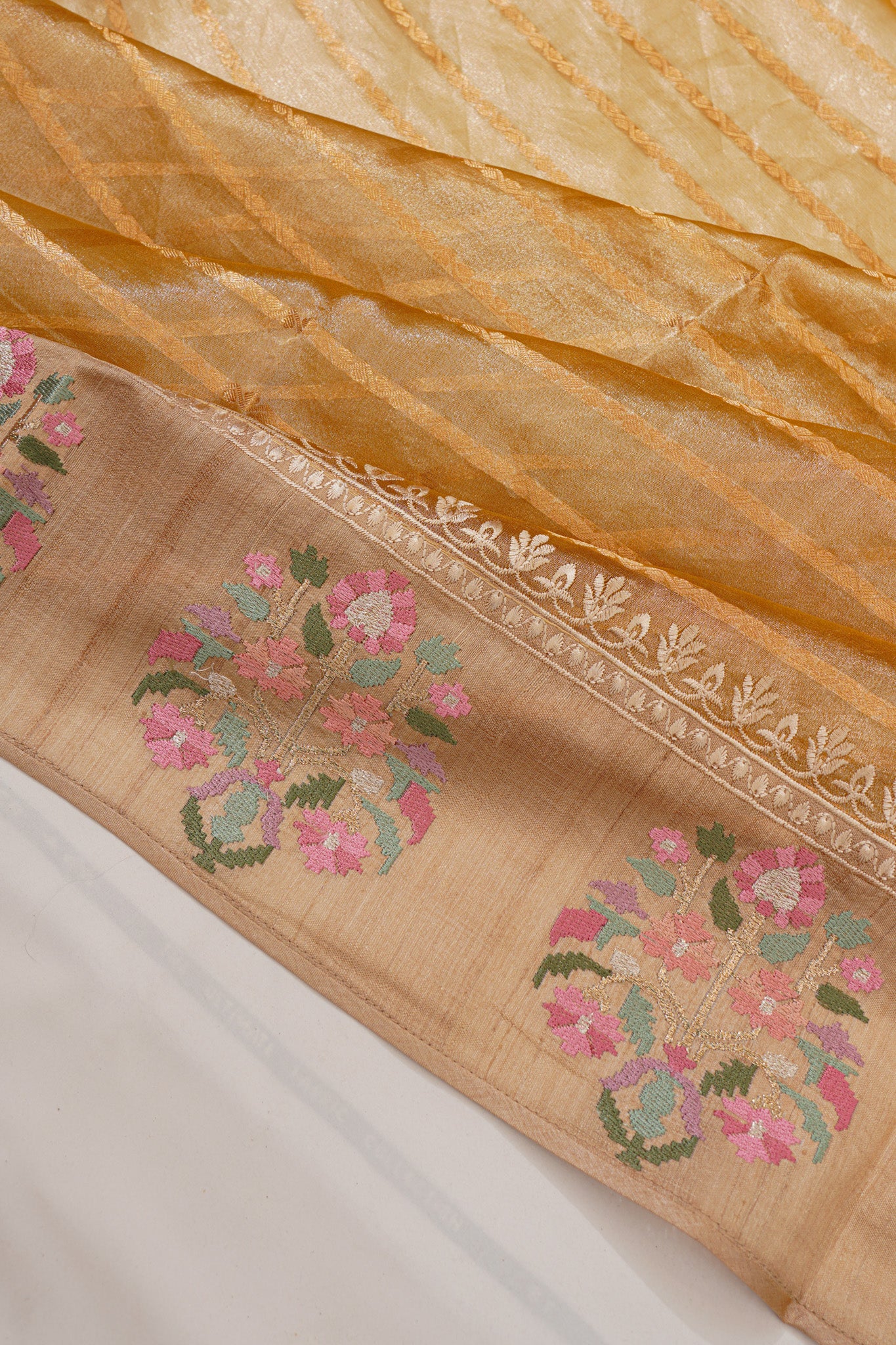 Organza Tissue Lines Cream Saree With Tussar Embroidery Border