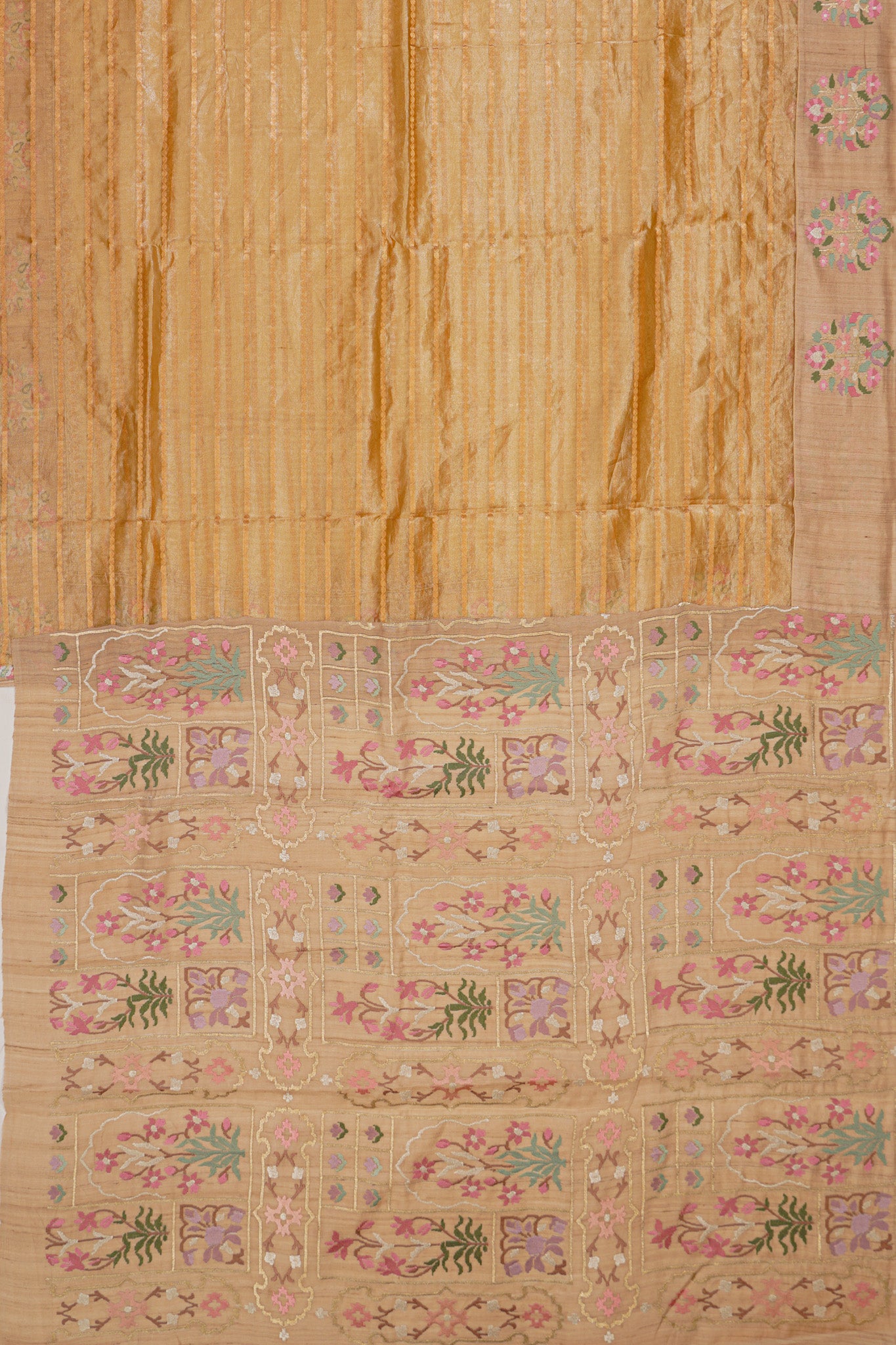 Organza Tissue Lines Cream Saree With Tussar Embroidery Border